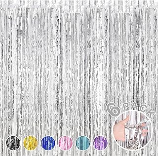 6 Pack Foil Fringe Backdrop Curtains, 3.28 x 8.2 ft Silver Tinsel Streamers Metallic Tinsel Foil Fringe Curtains Photo Booth Backdrop for Birthday Wedding Graduation New Year Party Decorations
