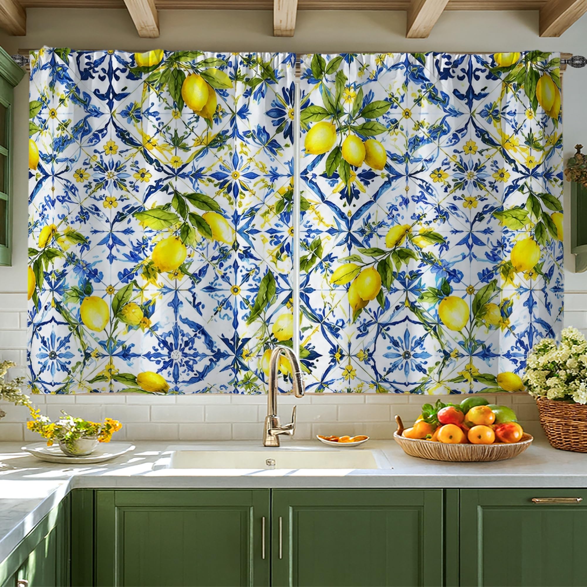 Rideaux de cuisine citron fenêtre étroite motif floral d'été