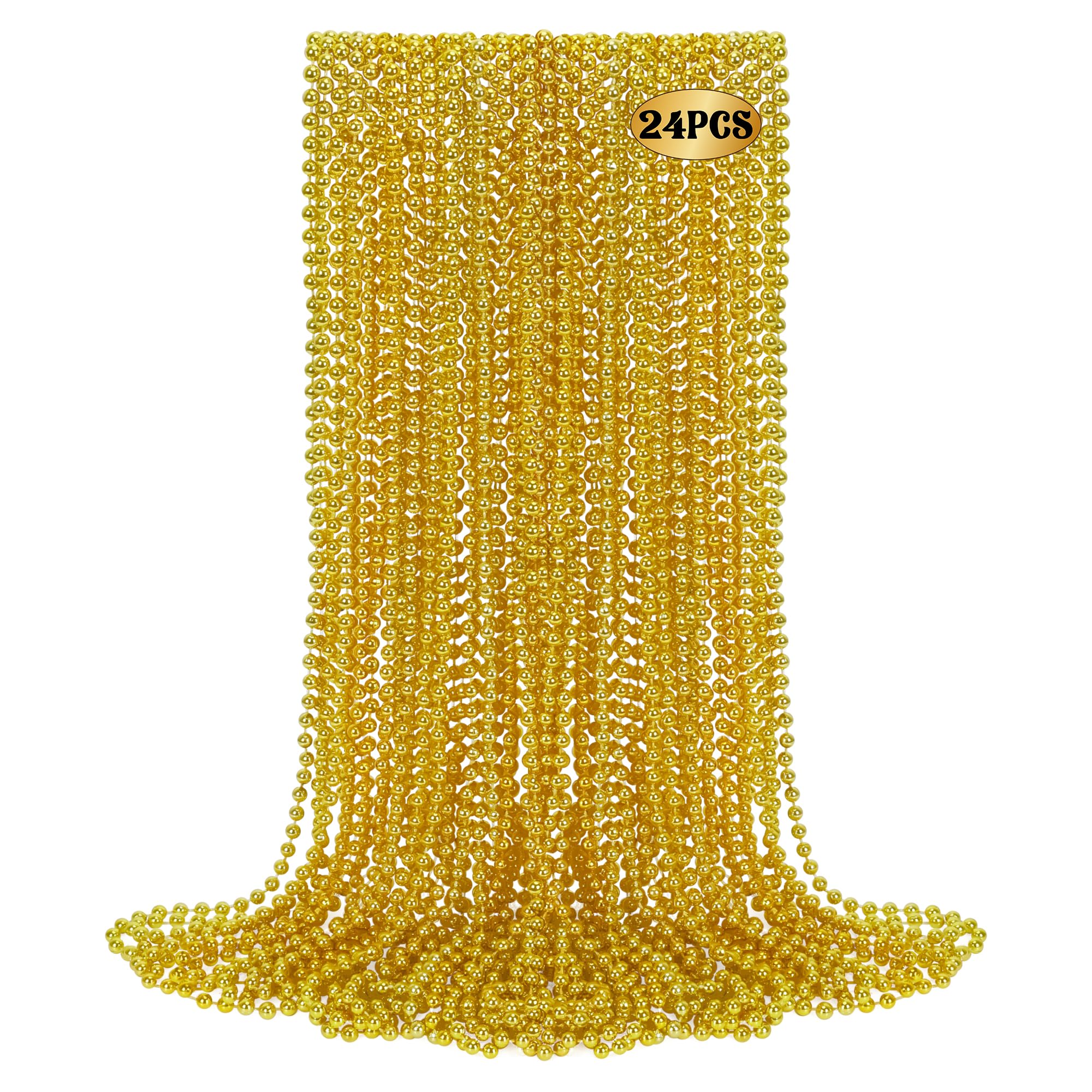 Huskein 24 PCS Gold Bead Necklace, 33" Mardi Gras Beads Bulk, Mardi Gras Beaded Necklace Accessories, Round Necklaces Parade Throw Beads for Carnival