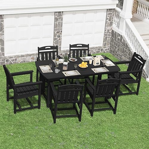 Miniatura 8 de HDPE - Juego de comedor al aire libre, mesa y sillas de patio, mesa exterior de 7 piezas y 6 sillas, agujero para sombrilla de 2 pulgadas, muebles