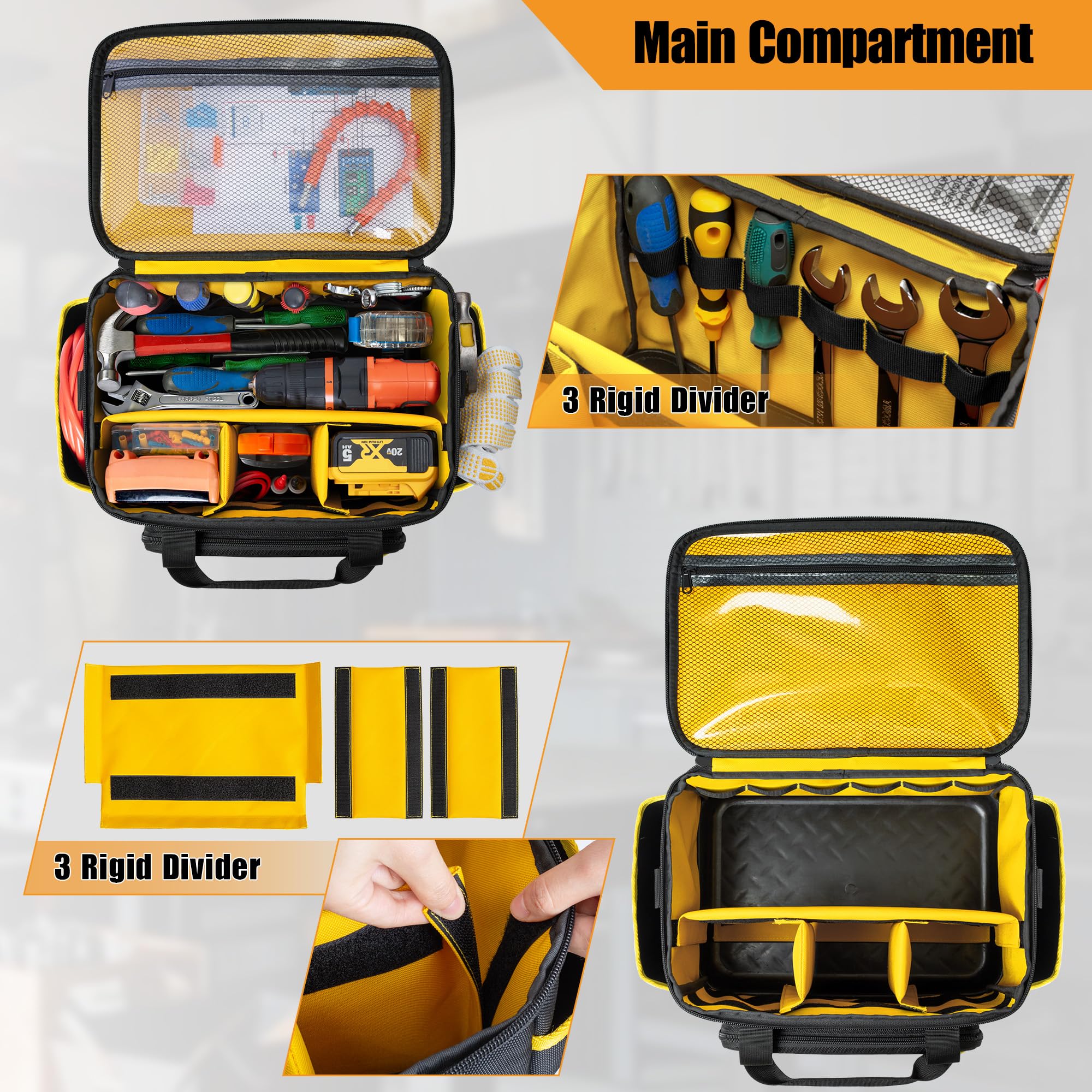 Rexmica 32cm Sac à Outils pour Hommes, avec Base Rigide en EVA/Bandoulière | Organiseur d'Outils Multifonction pour Électriciens, Plombiers, Mécaniciens et Usage Automobile, Noir/Jaune