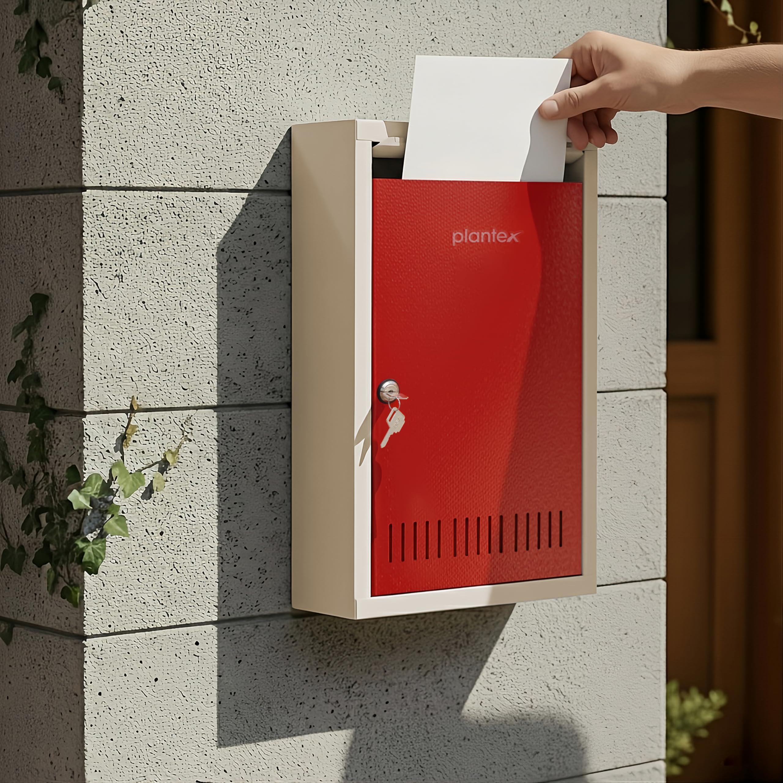 Plantex Letter Box for Home/GI Steel Mail Box/Suggestion Box for Office/Complaint Box for Hote/Post Box for Home Gate & with Secure Lock - (Red & Ivory) - Big Size Wall Mounted