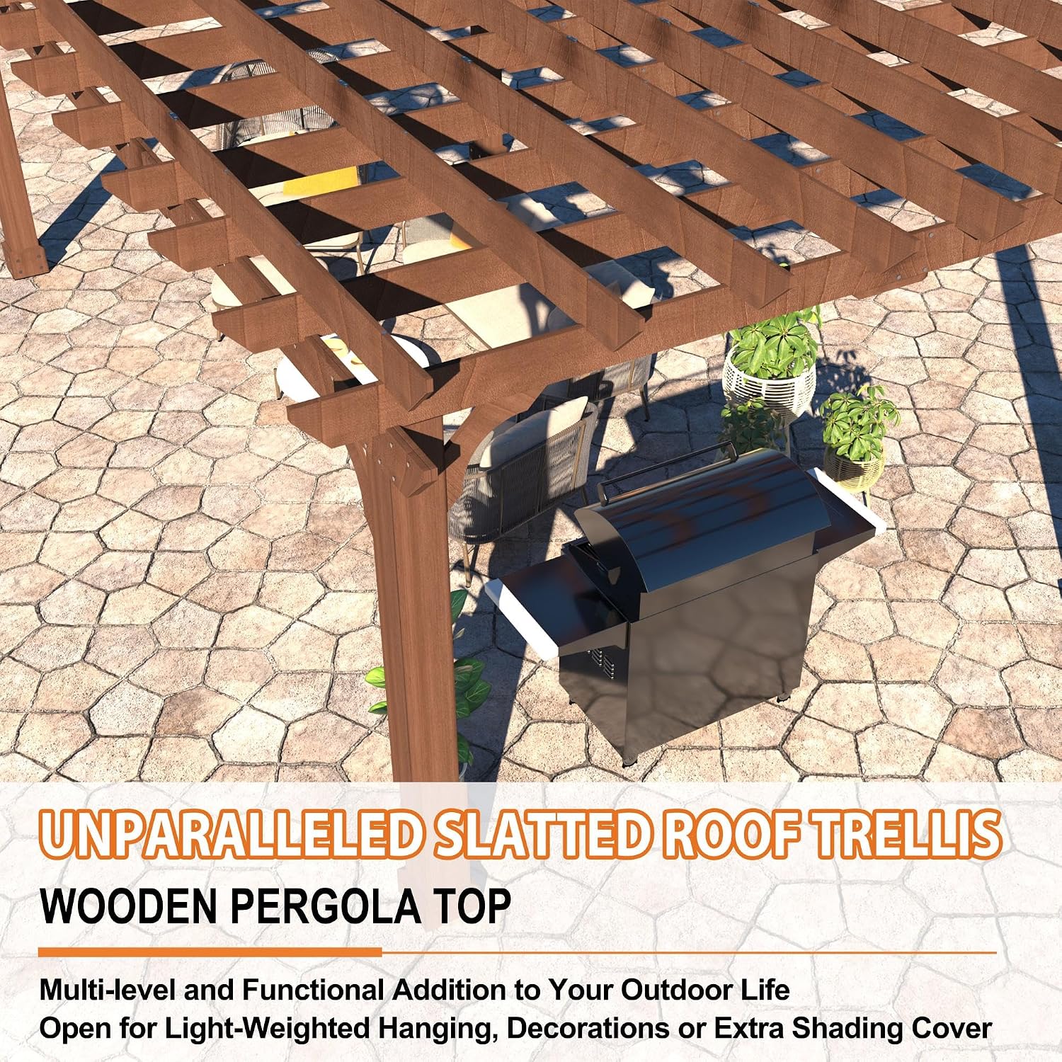 Overhead view of the slatted wooden roof trellis of the MUPATER pergola, showing sunlight filtering through.