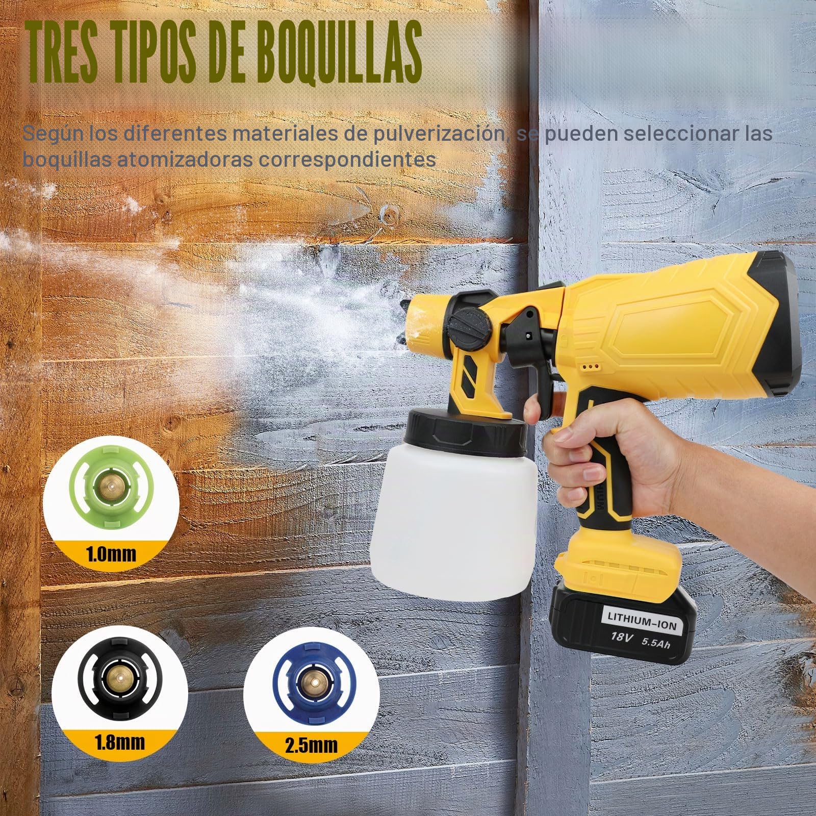 Pistola de Pintura Eléctrica con 2 x 5500mAh Batería, ASUNCELL Pistolas para Pinturas de Flujo Ajustable de 1000ml para Vallas, Paredes, Techos, 4 Boquillas y 3 Modelos (Amarillo)