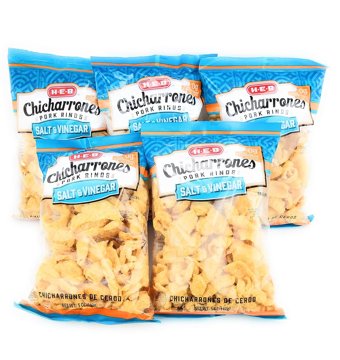 HEB Chicharrones Pork Rinds SALT & VINEGAR Flavor (Pack of 5) | Keto Snacks, Low Carb, High Protein, Gluten Free | Large 5oz Bags