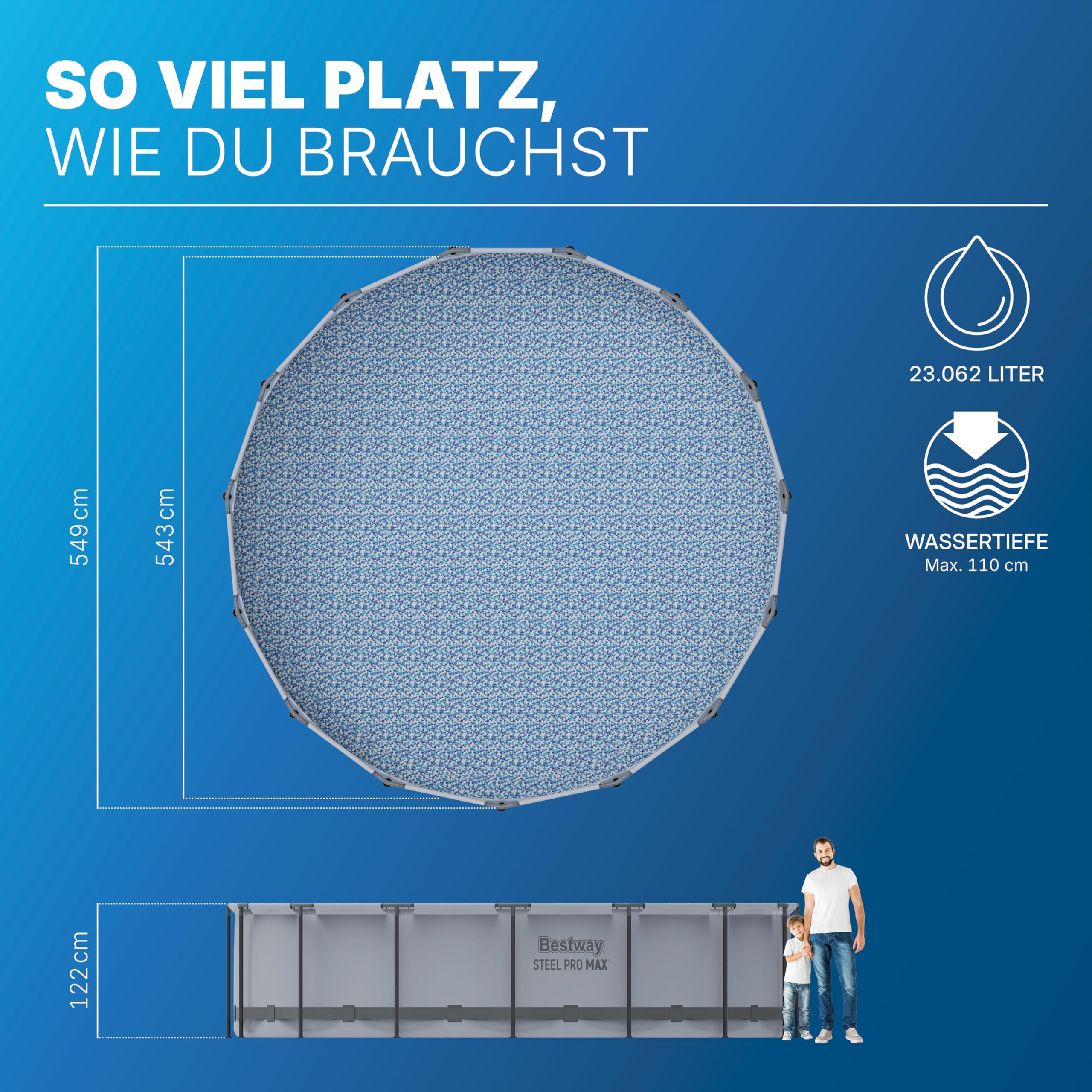 Bestway Steel Pro MAX Frame Pool Komplett-Set mit Filterpumpe Ø 549 x 122 cm, lichtgrau, rund