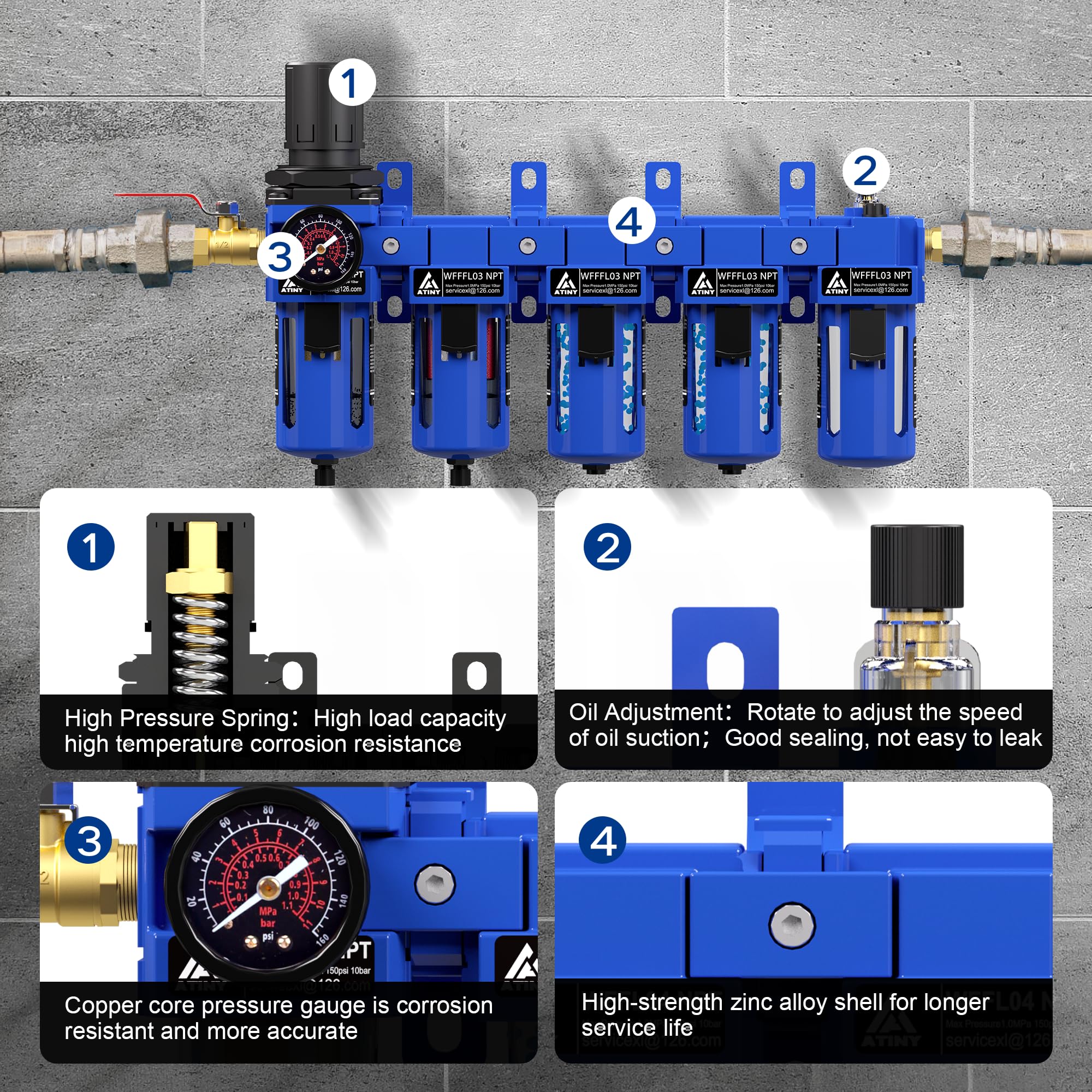 Combo de regulador de filtro de aire de 5 etapas NPT de 3/8 pulgadas, regulador de aire y separador de agua, separador de agua para compresor de aire, azul