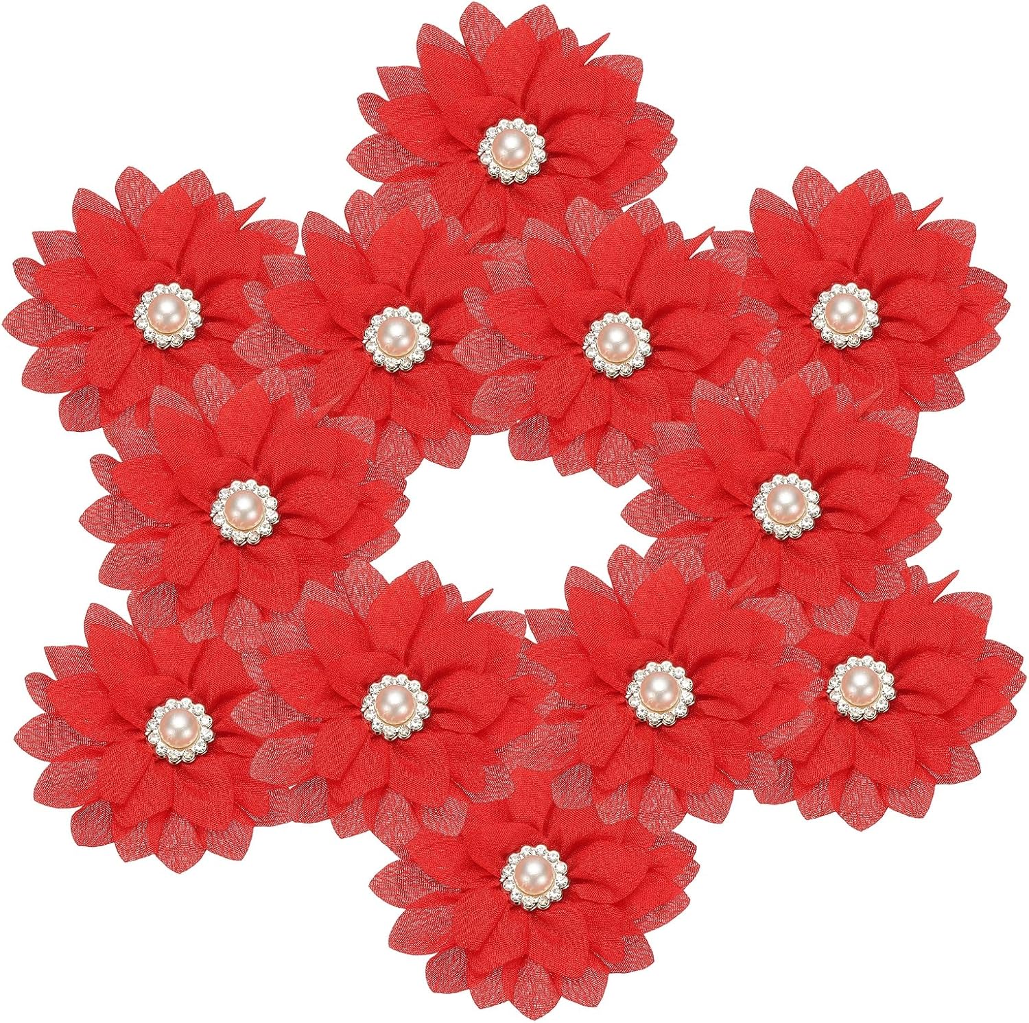 PATIKIL 2.36 in Rhinestone Chiffon Flower, 12 Pcs Fabric Flowers Rhinestone Pearl Sewing Appliques for DIY Crafts Dresses Clothing Headbands Wedding Decoration, Red