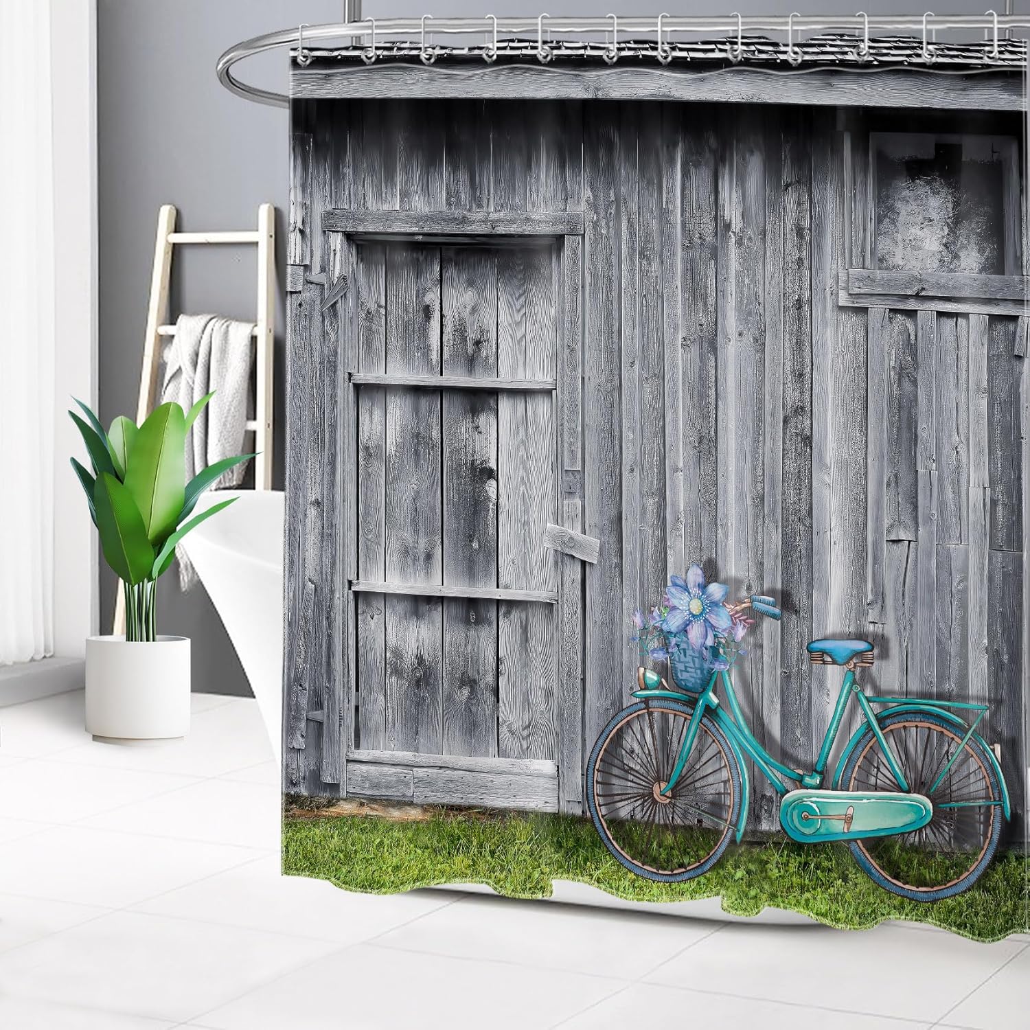 HVEST Western Barn Door Shower Curtain with Bathroom Rugs, Teal Bicycle and Floral on Barn Door Shower Curtain and Bath Mat, 70L X 70W inches Rustic Grey Vintage Wood Boards Shower Curtain Set