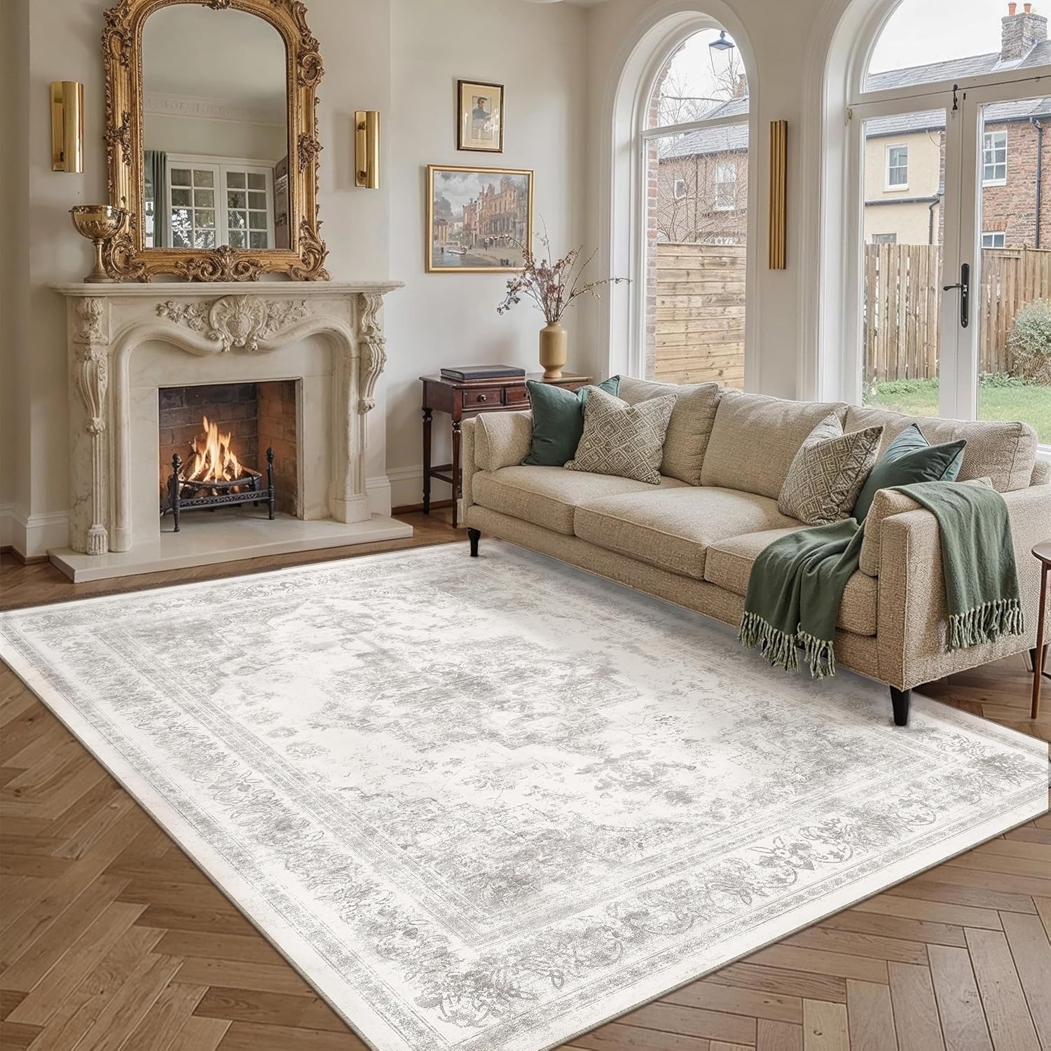 purecozy washable rug 8x10 area rug for living room light gray vintage boho medallion large grey distressed retro carpet non slip indoor low pile small soft bedroom dining room home office 8' x 10' (rectangular) distressed | light grey