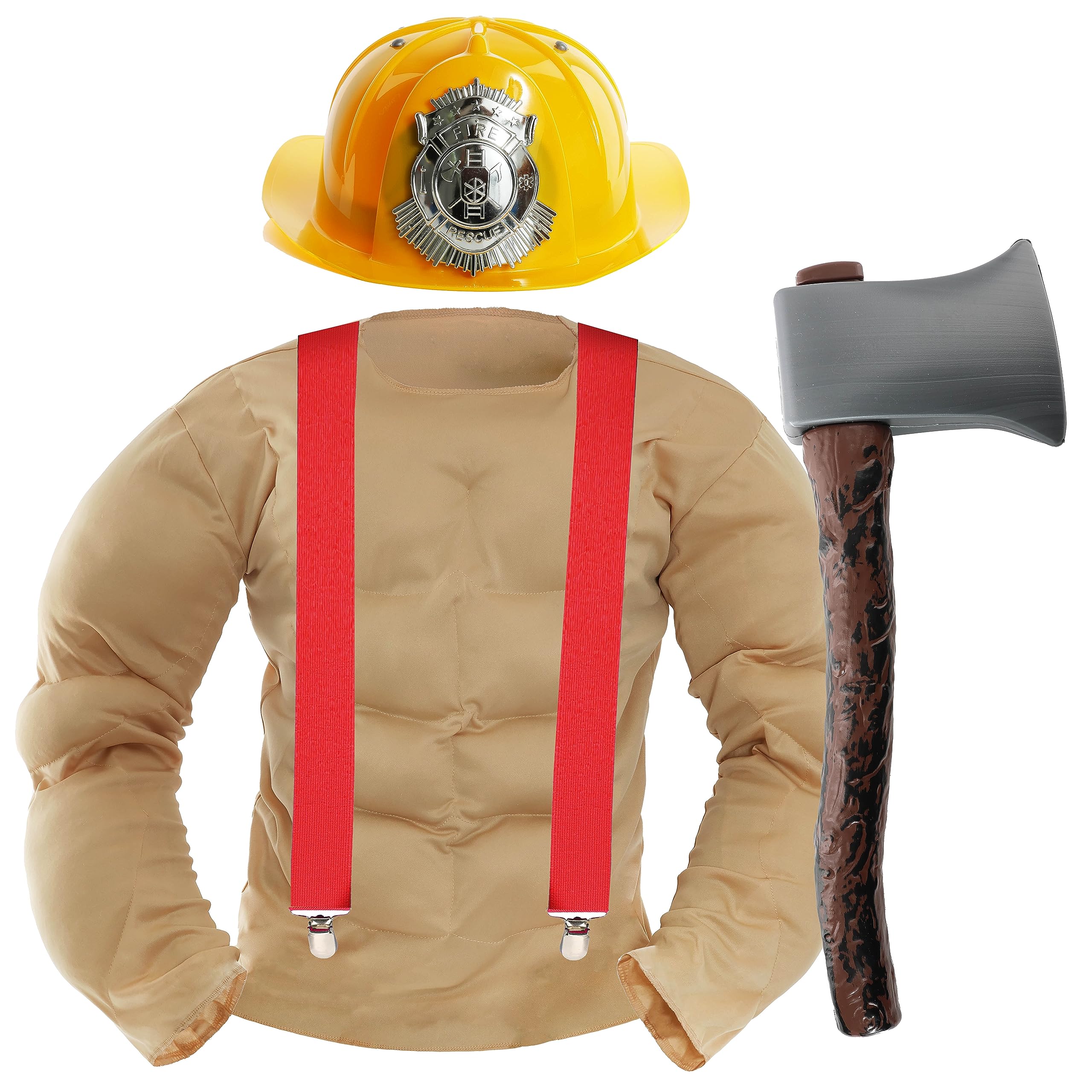Adults Calendar Fireman Costume - X-Large - Beige Muscle Chest Shirt, Yellow Fireman Helmet, Red Brace, Fake Axe - Adults Fun Novelty Stag Night Fancy Dress Costume