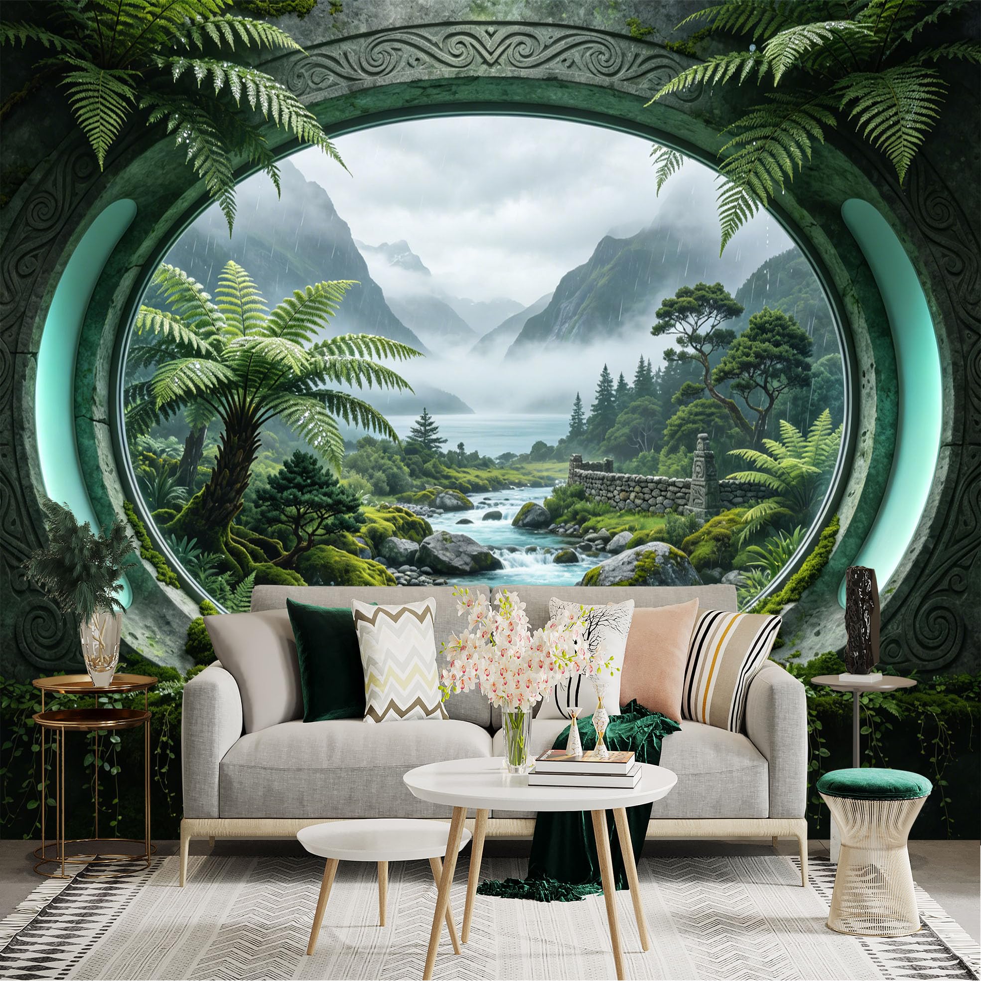 Custom Size Wall Sticker Mural， Tropical Forest Stream with Mountains and Misty Valley View， for wall Decoration， peelandstick wall Decals.