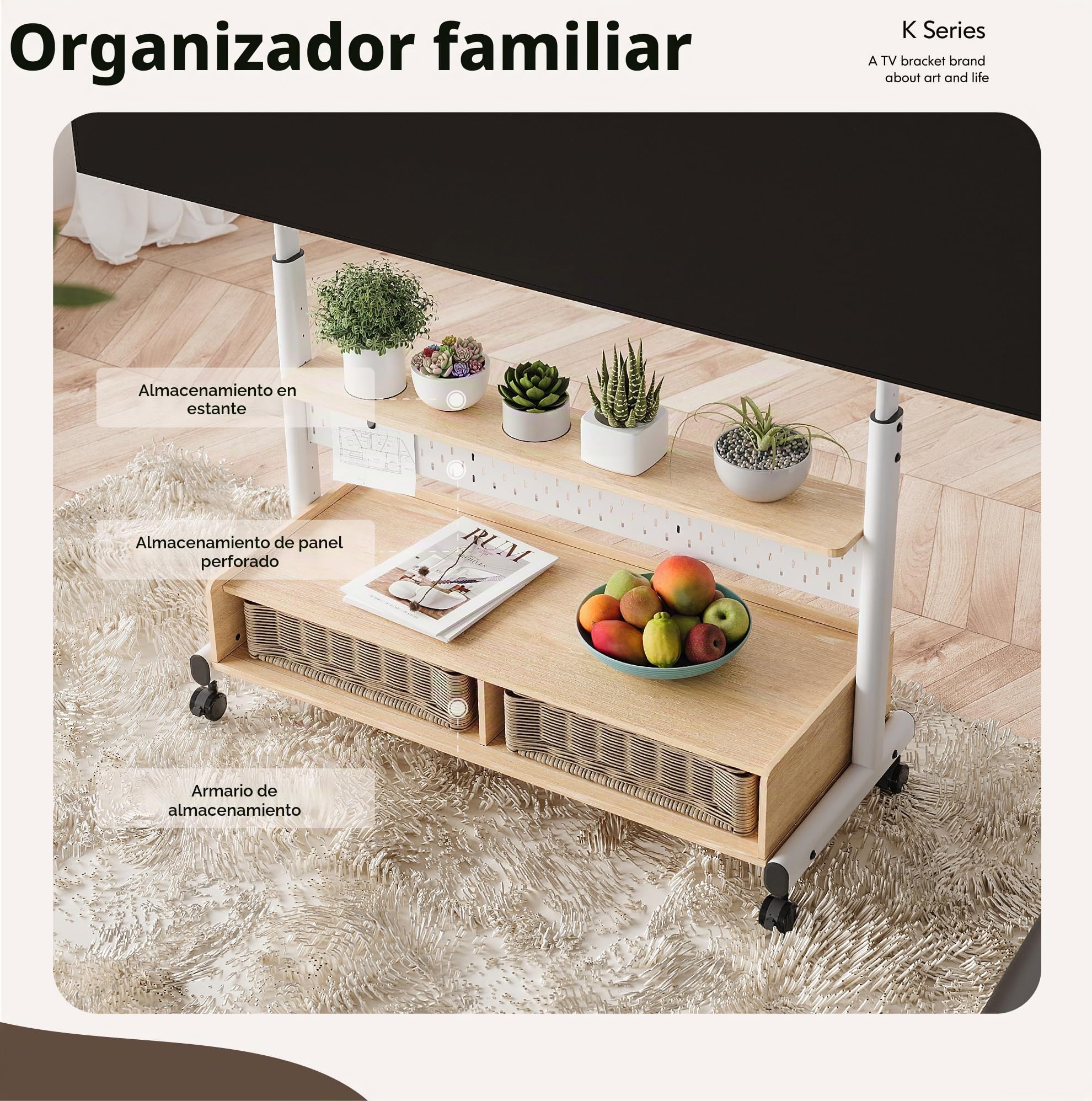 FITUEYES Mueble TV Móvil para 70 a 100 Pulgadas, Soporte TV Pie con Ruedas de Estructura de 2 Tubos, Soporte Monitor Carrito con Mueble Madera y Función de Altura Ajustable