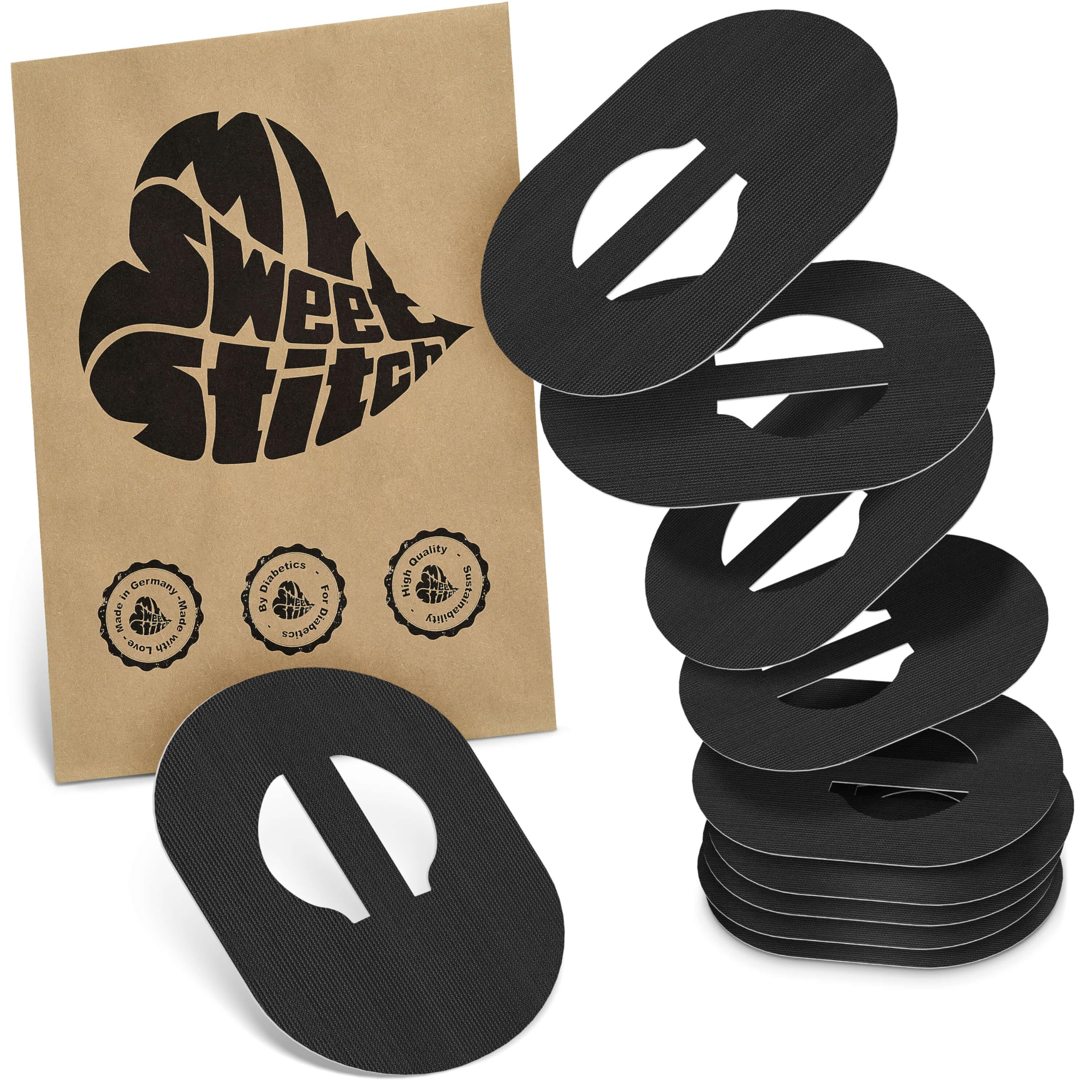 MySweetStitch | Fixing patch for Enlite - Guardian (10 pieces) | Waterproof, breathable and non-irritating to the skin | outer Ø 80 x 65 mm, Innen Ø 10 mm | Black