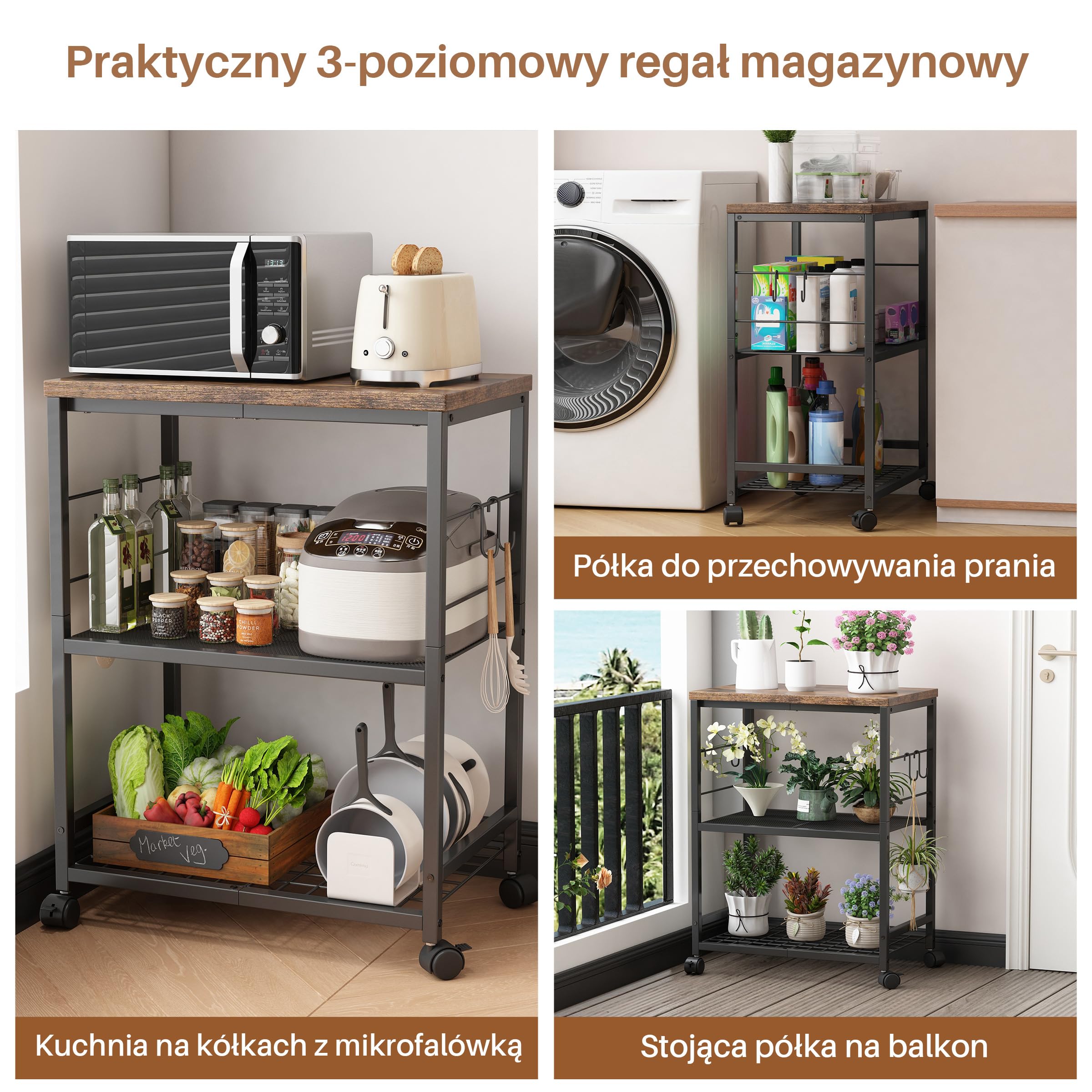 Rolowany WóZek Kuchenny pod MikrofalóWkę, 3-Poziomowy | Stolik pod MikrofalóWkę z Miejscem do Przechowywania, MałA PółKa na WóZek do Kawy do Organizacji Salonu lub Biura