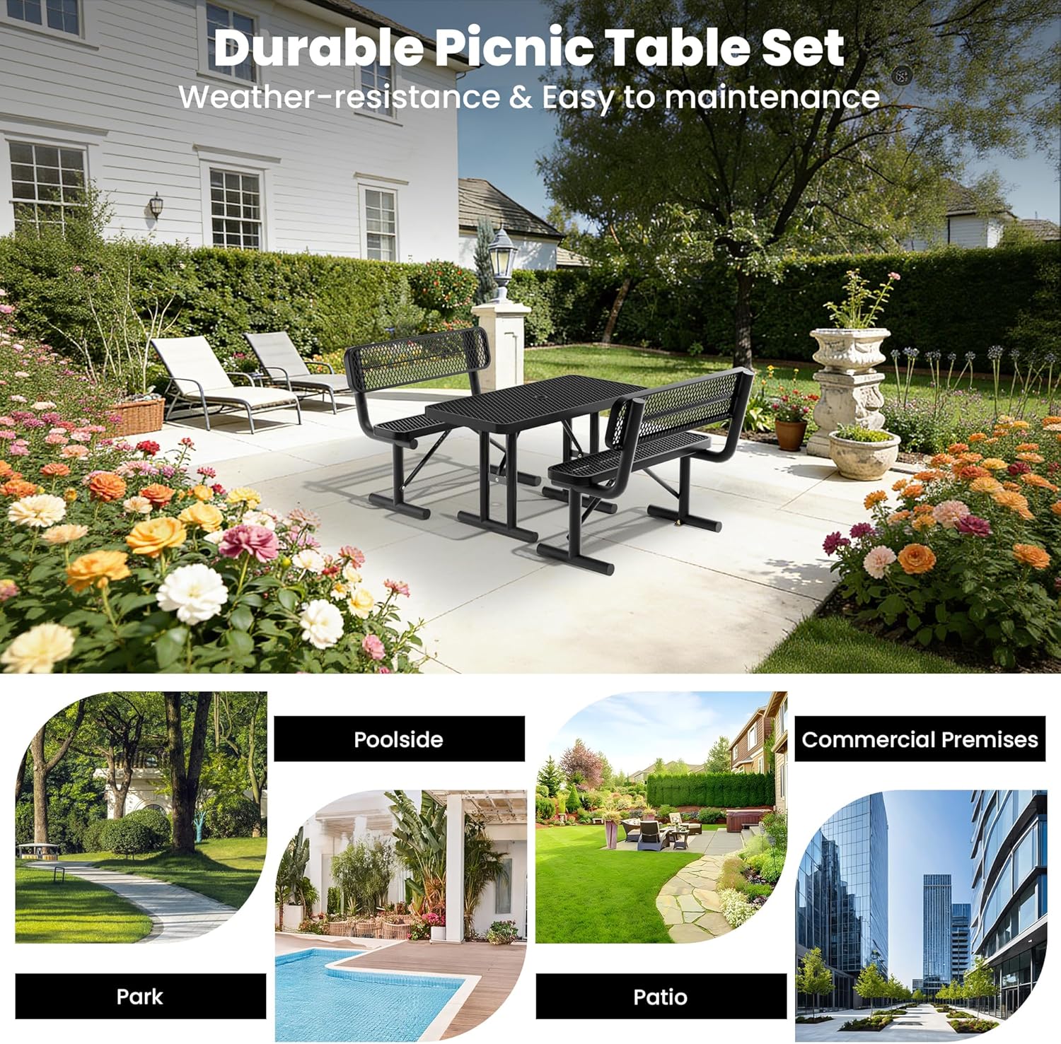 4FT Metal Picnic Tables for Outdoors, Commercial Rectangular Picnic Table for Outside, Park, Campfield, Patio, Garden, Yard, Thermoplastic Coating, Surface Mounted, Black