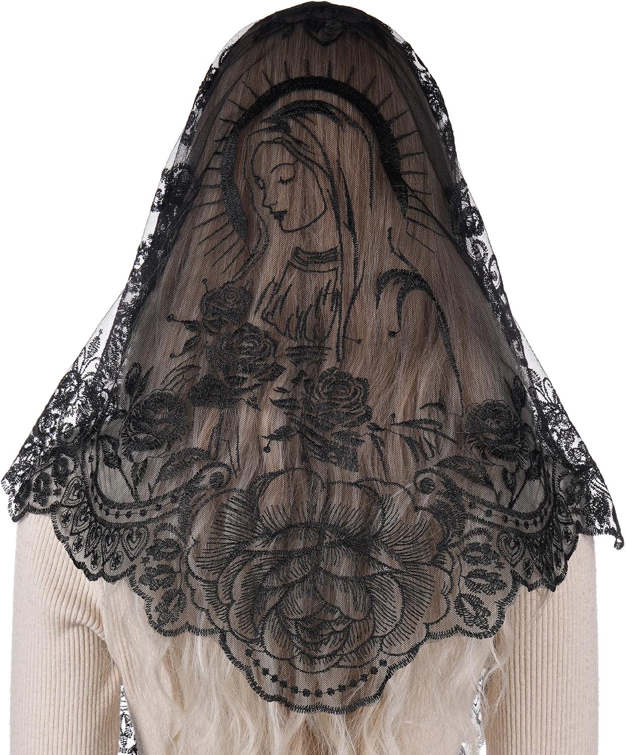 Bozidol Catholic Lace Mantilla Veil for Women, Virgin Mary Camellia Triangle Chapel Head Covering