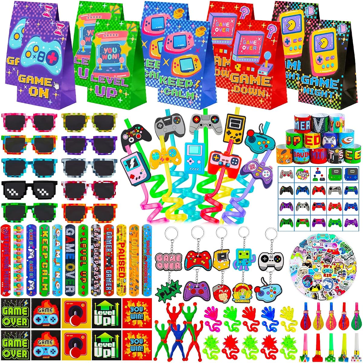 170 Pcs Video Game Party Favors Kit With Gaming Goodie Bags Sunglasses Crazy Straws Stickers for Kids Birthday Prizes, All-in-One Video Game Theme Party Supplies for Boys & Teens