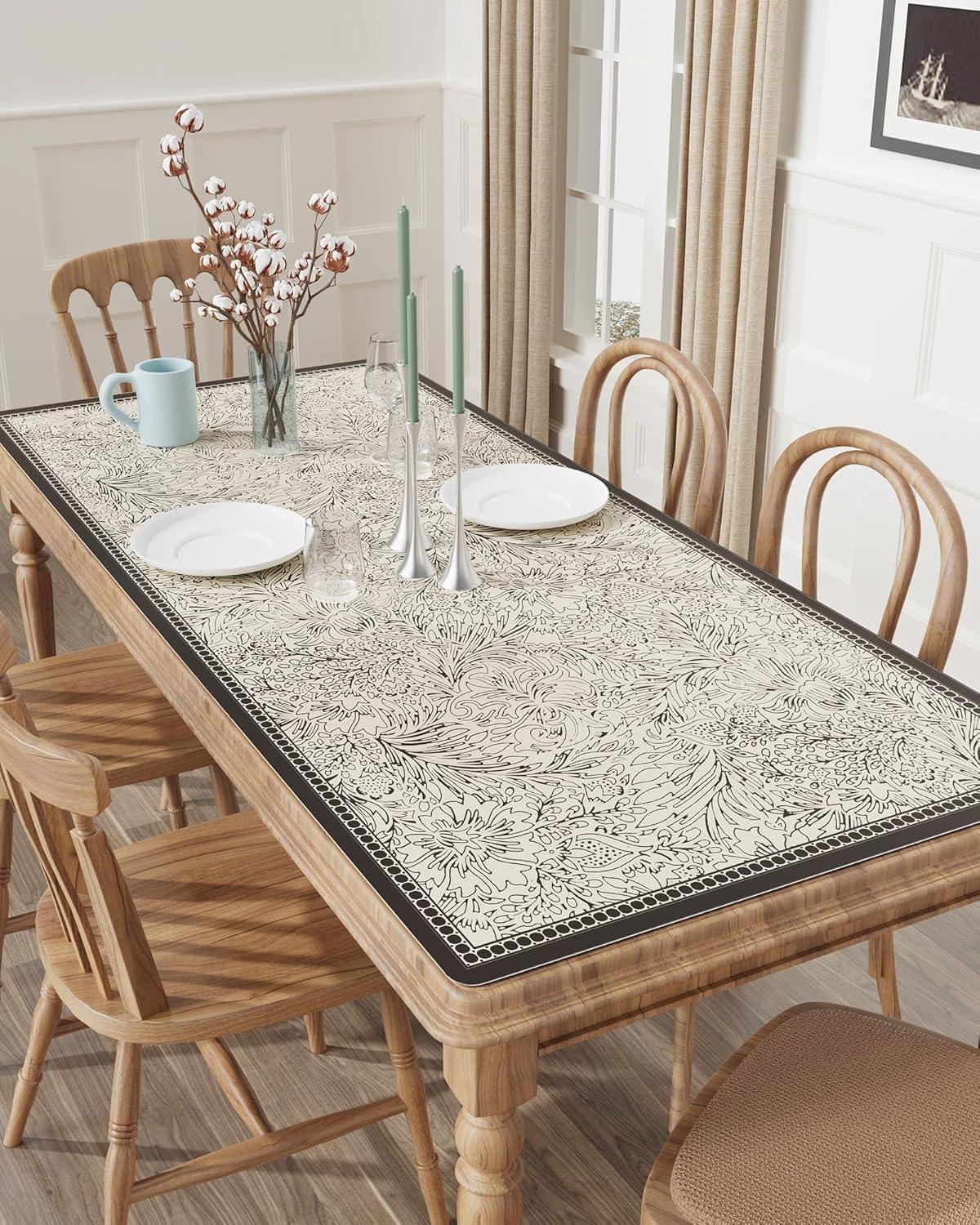 PVC Desk Mat Vintage Table Cover Protector, Non-Slip Writing Desk Pad for Laptop & Keyboard, Waterproof Desktop Mat for Office Home Coffee Kitchen Dresser (Floral Beige, 36” x 60")