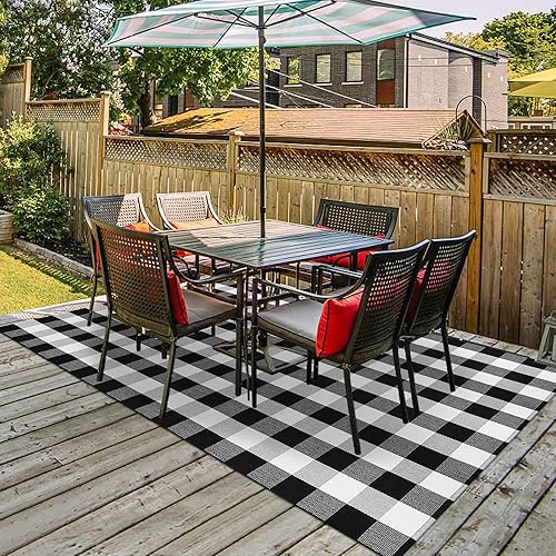 Miniatura 3 de Alfombra de cuadros de búfalo de 5 x 8 pies, alfombra de algodón a cuadros blancos y negros, tejida a mano, lavable para interiores y exteriores,