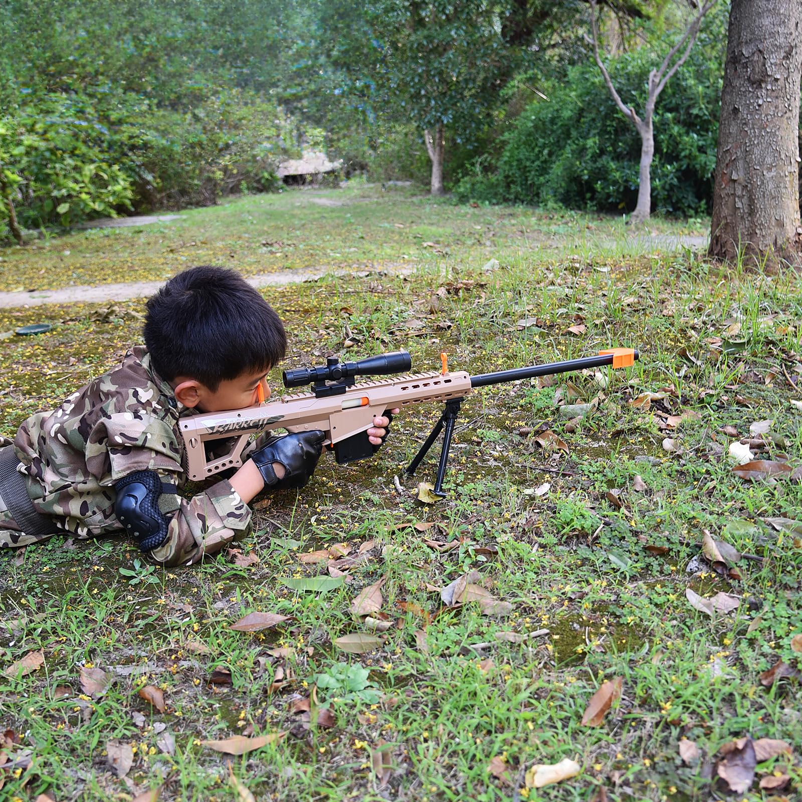 Barrett 98k Lance-douille Soft-Head - Fusil à lunette jouet pour enfants | Modèle réaliste avec munitions Soft-Head | Incl. 10 douilles | Âge 3+ (Sable)