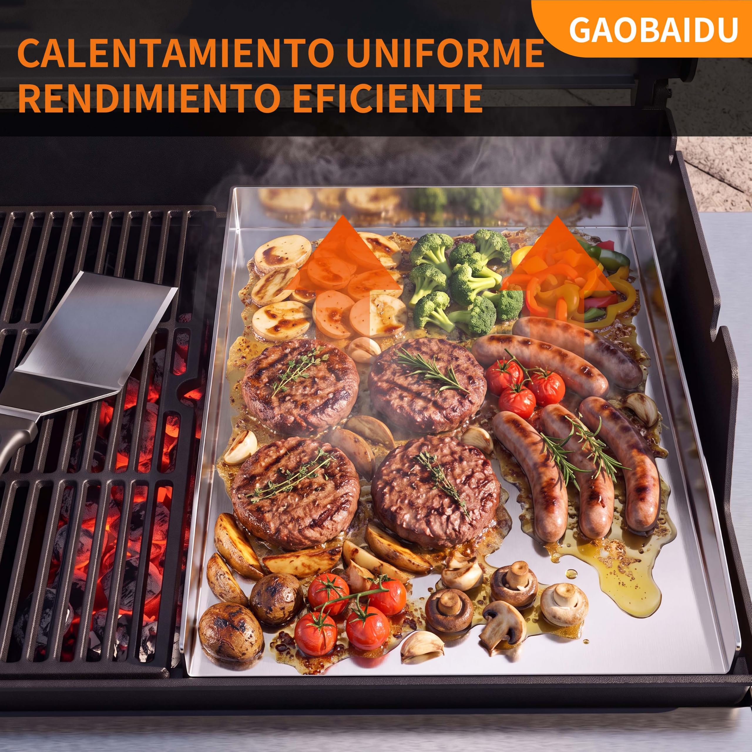 Plancha de Acero Inoxidable - Gruesa y Antioxidante, Incluye 2 Espátulas y 5 Brochetas - Para la Mayoría de Parrillas de Gas y Carbón (40x30x4CM)