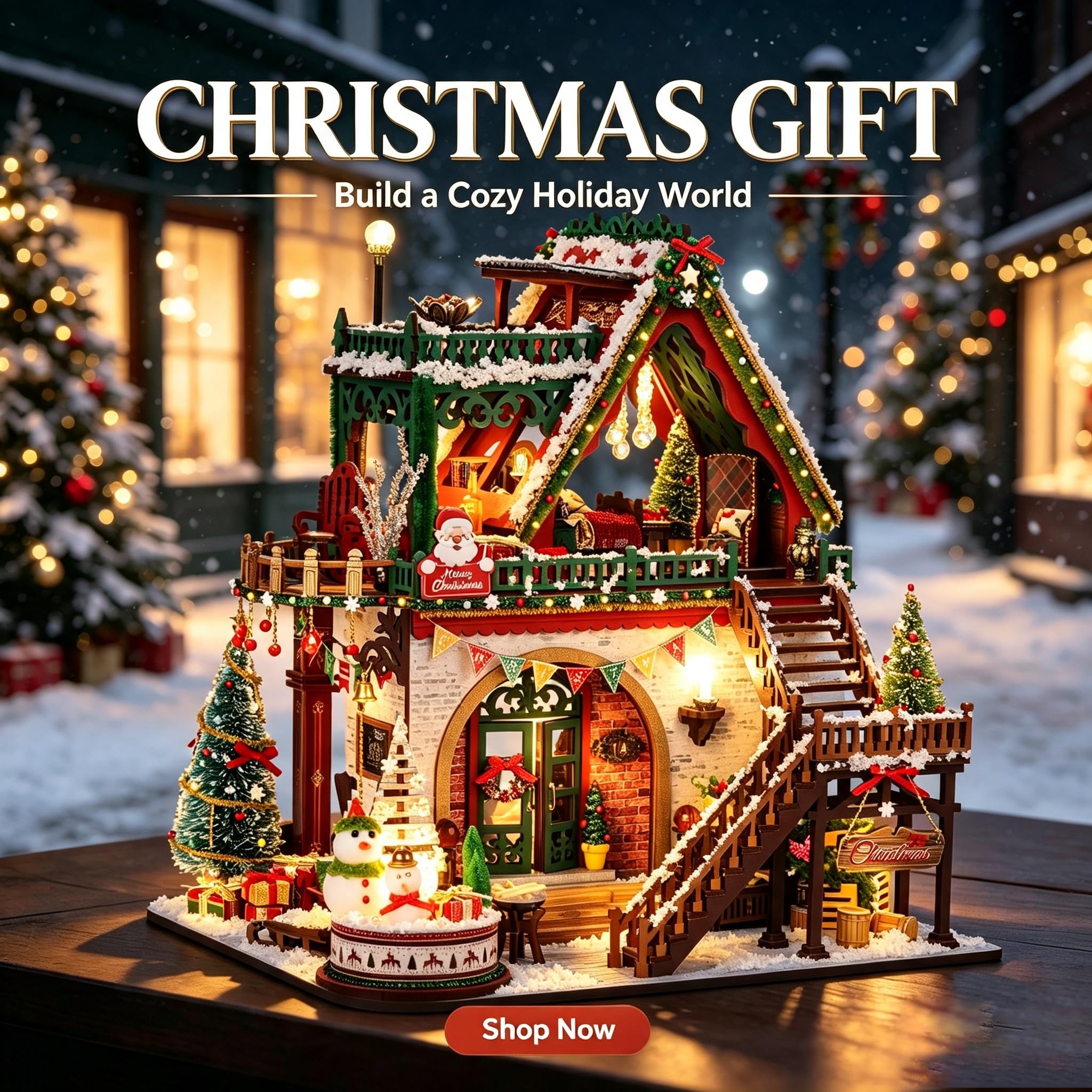 Kit fai da te per casa in miniatura, kit natalizio in legno per casa delle bambole con luci a LED e carillon, kit di costruzione 3D per adulti, regalo natalizio per hobby