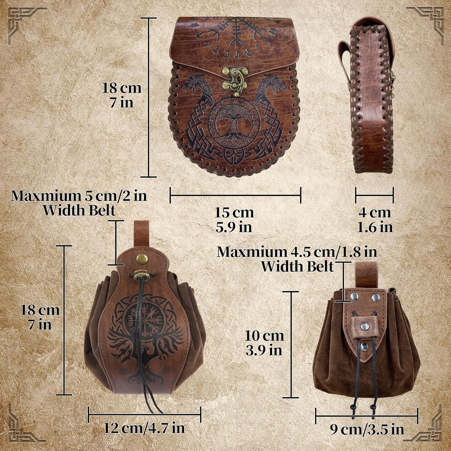 3 PCs Medieval Faux Leather Belt Bag Set, Renaissance Drawstring Pouch Dice Bag, Vintage Side Pack Coin Purse for LARP (Brown A) - Image 6