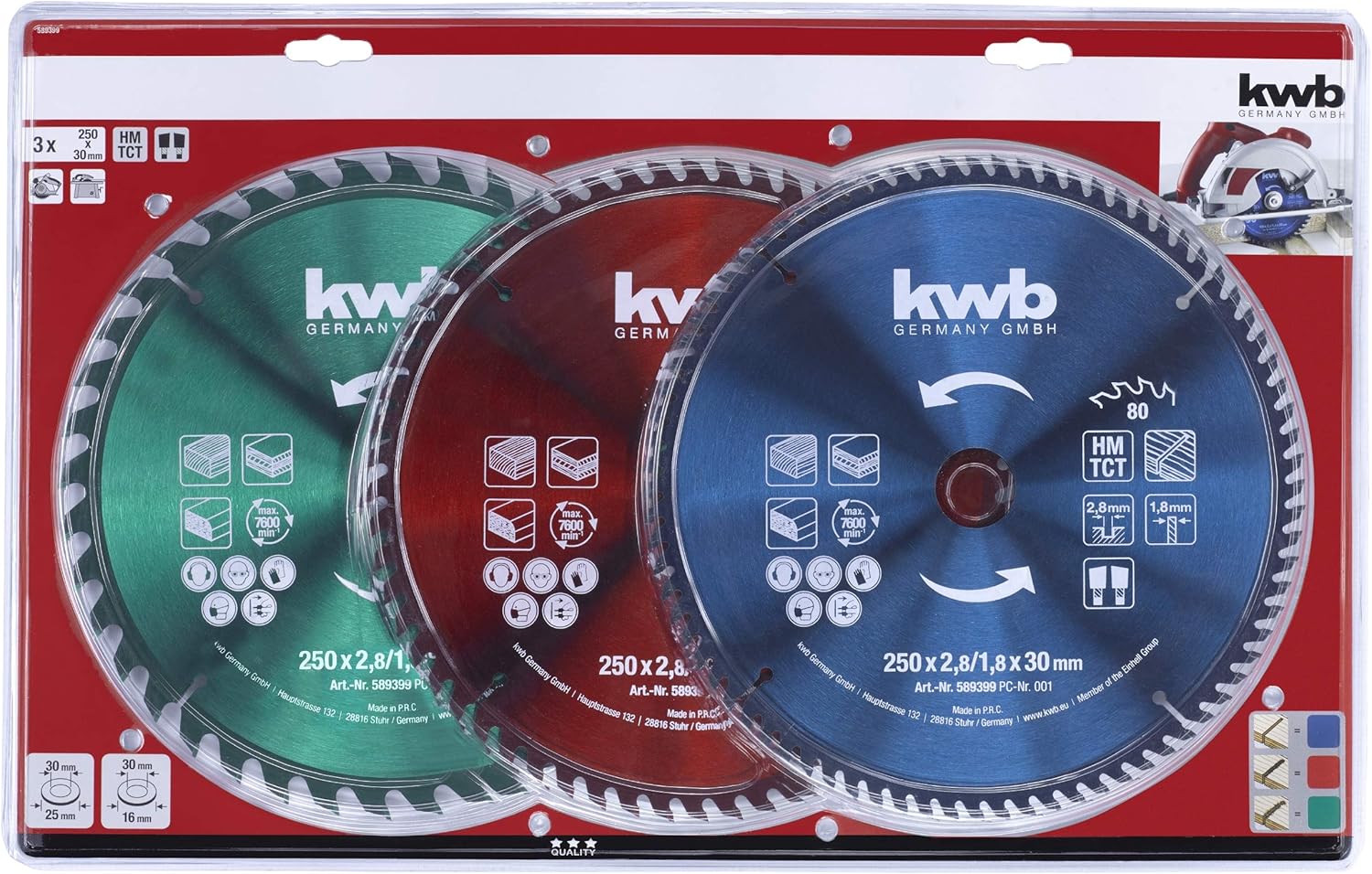 kwb 3-Piece Circular Saw Blade Set 250 x 30/25 / 16 mm for Circular Hand Saws and Table Saws, Multi-Cut Blades