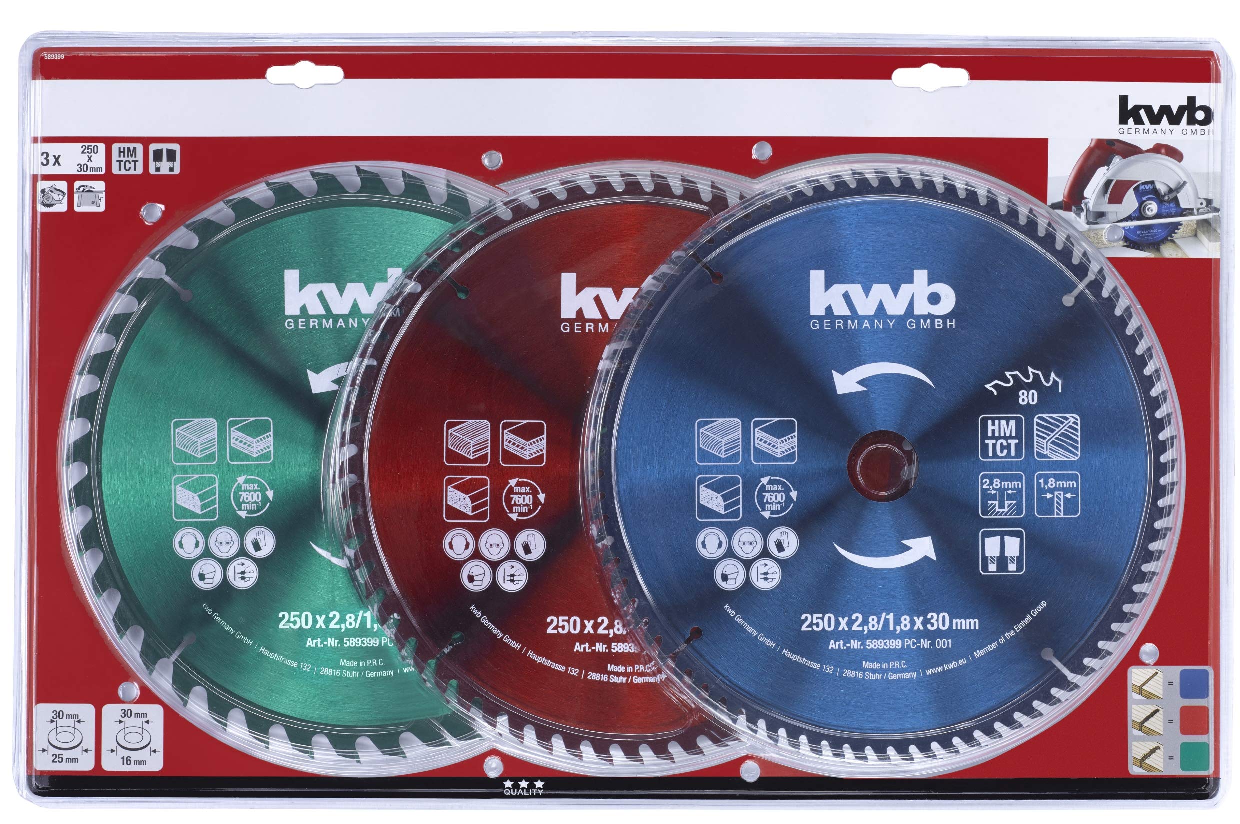 KWB 49589399 - Juego de hojas de sierra circular (250 x 30 / 25 / 16 mm para sierras circulares de mano, anillos de reducción a 16 y 25 mm)