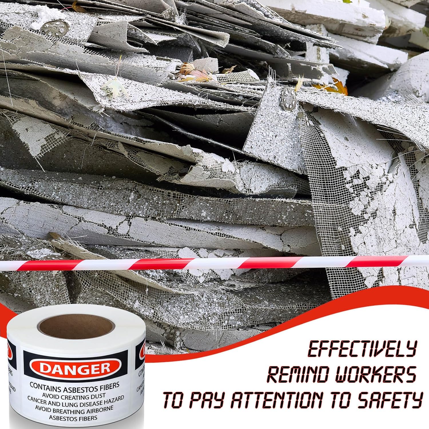 500 PCS "DANGER CONTAINS ASBESTOS FIBERS, AVOID CREATING DUST. etc" Hazard Warning Label - 5" Width x 3" Height Workplace Warning Sign, Pressure Sensitive Vinyl, Red/Black On White