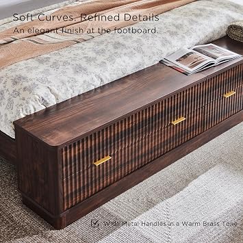 T4TREAM Fluted King Bed with Headboard and Storage Bench, Dark Walnut