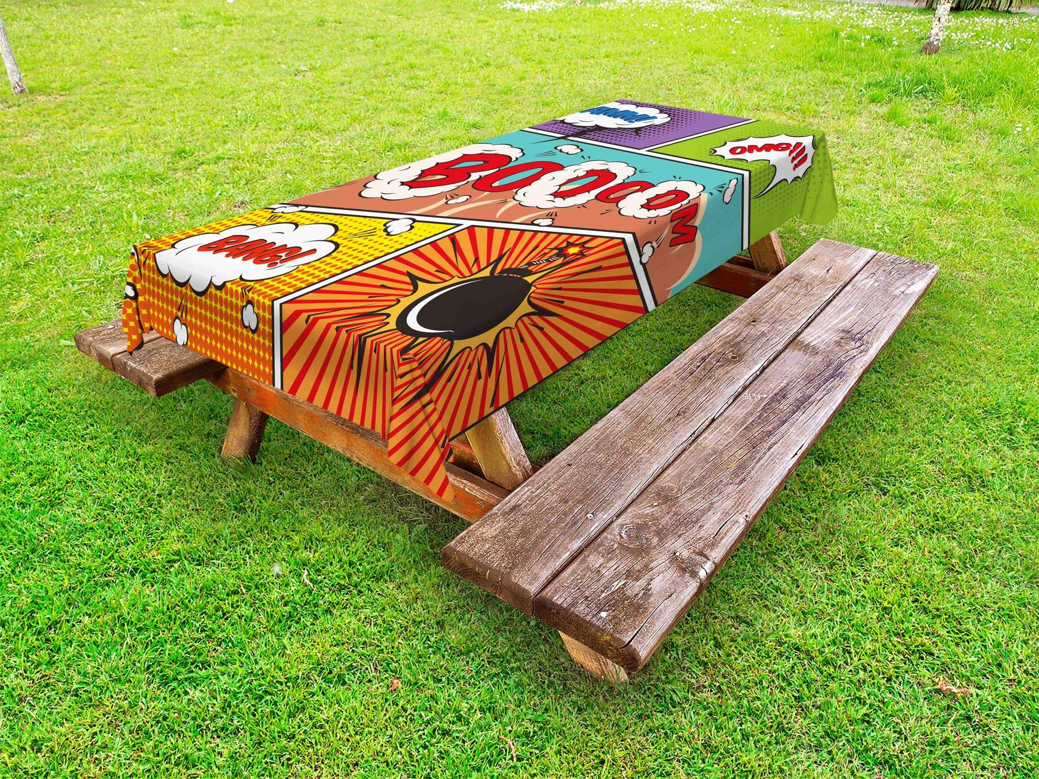 LunarableSuperhero Outdoor Tablecloth, Retro Comic Strip Speech Bubbles Funny Pop Art Vintage Hobby Style Image, Decorative Washable Picnic Table Cloth, 58" X 84", Green Orange
