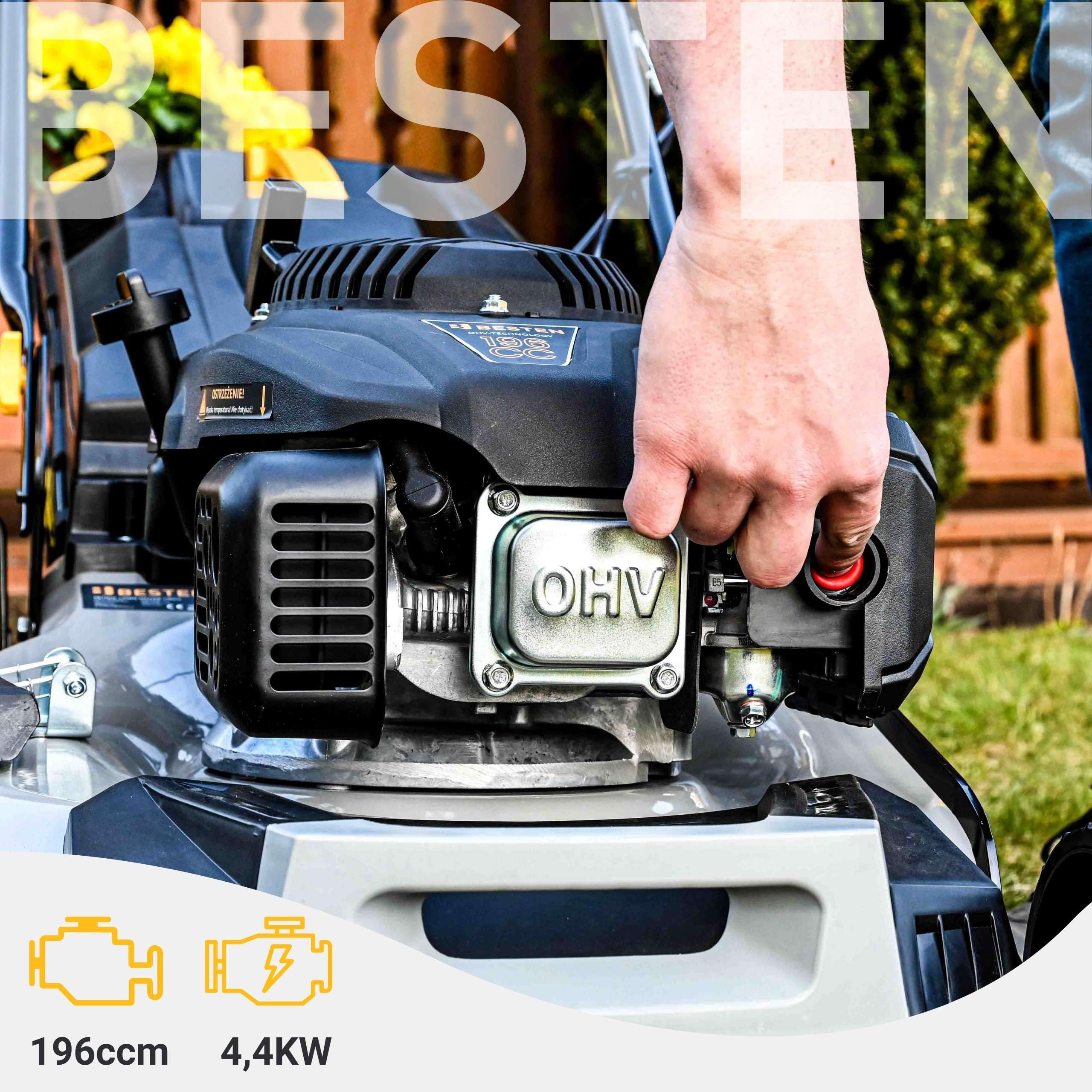 BESTEN Kosiarka Spalinowa z Napędem 196CC, Szerokośc Cięcia 51cm, Kosiarka Ogrodowa z Funkcją Bocznego Wyrzutu i Mocnym Zderzakiem, 8-Stopniowa Regulacja Wykości Koszenia, Kosz 62L,