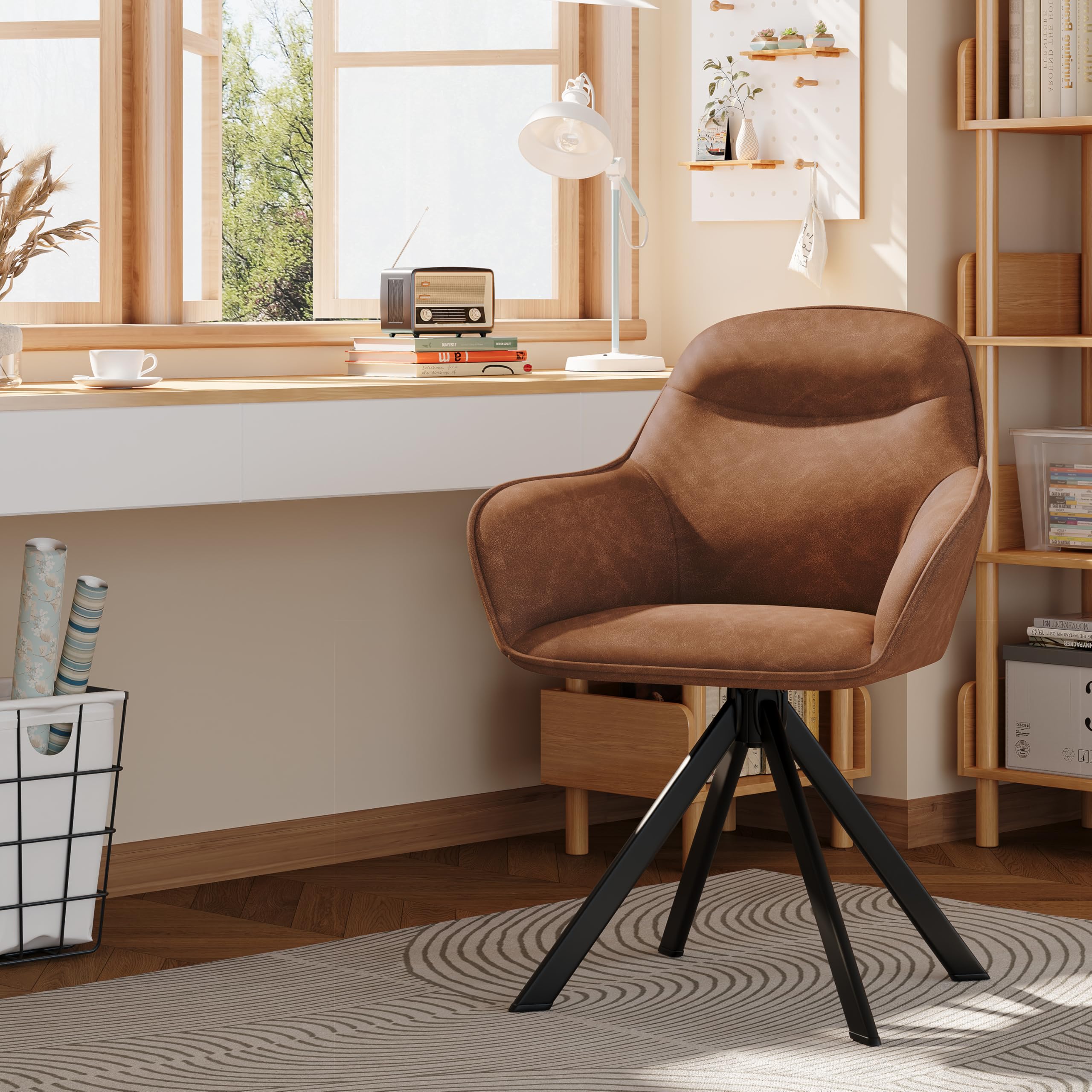 Pack de 2 Sillas de Comedor Giratorias con reposabrazos, Silla Giratoria 360°, Silla en Piel sintética, Silla de Oficina o Cocina, Marrón