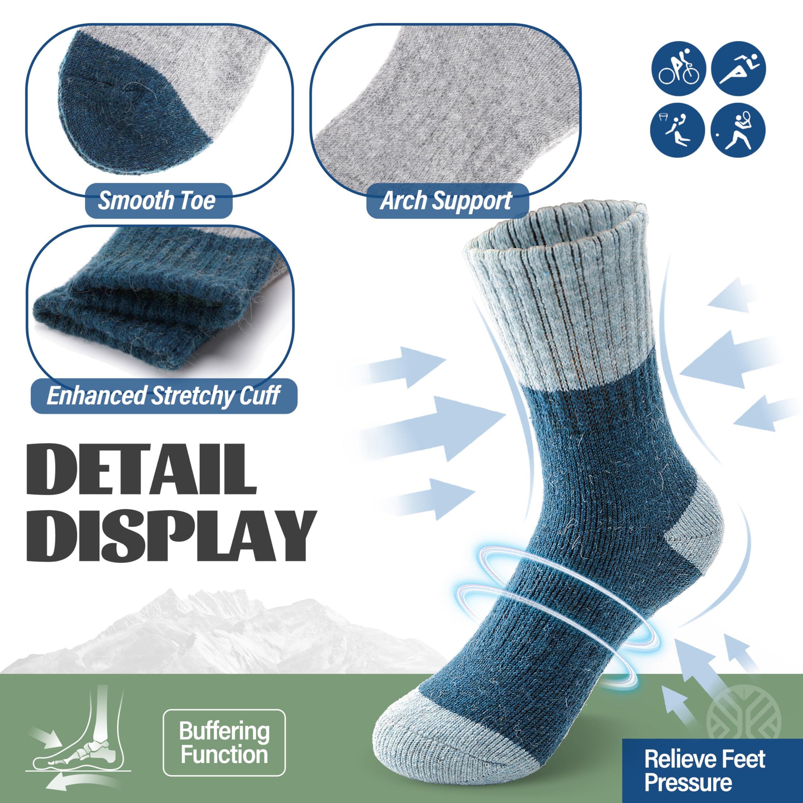 MOSEY KOSY 6 Pares Calcetines Niños Lana Merino para Caminar Chicos Chicas Bebés Invierno Térmicos Gruesos Abrigados Acolchados Calcetines Crew para Senderismo