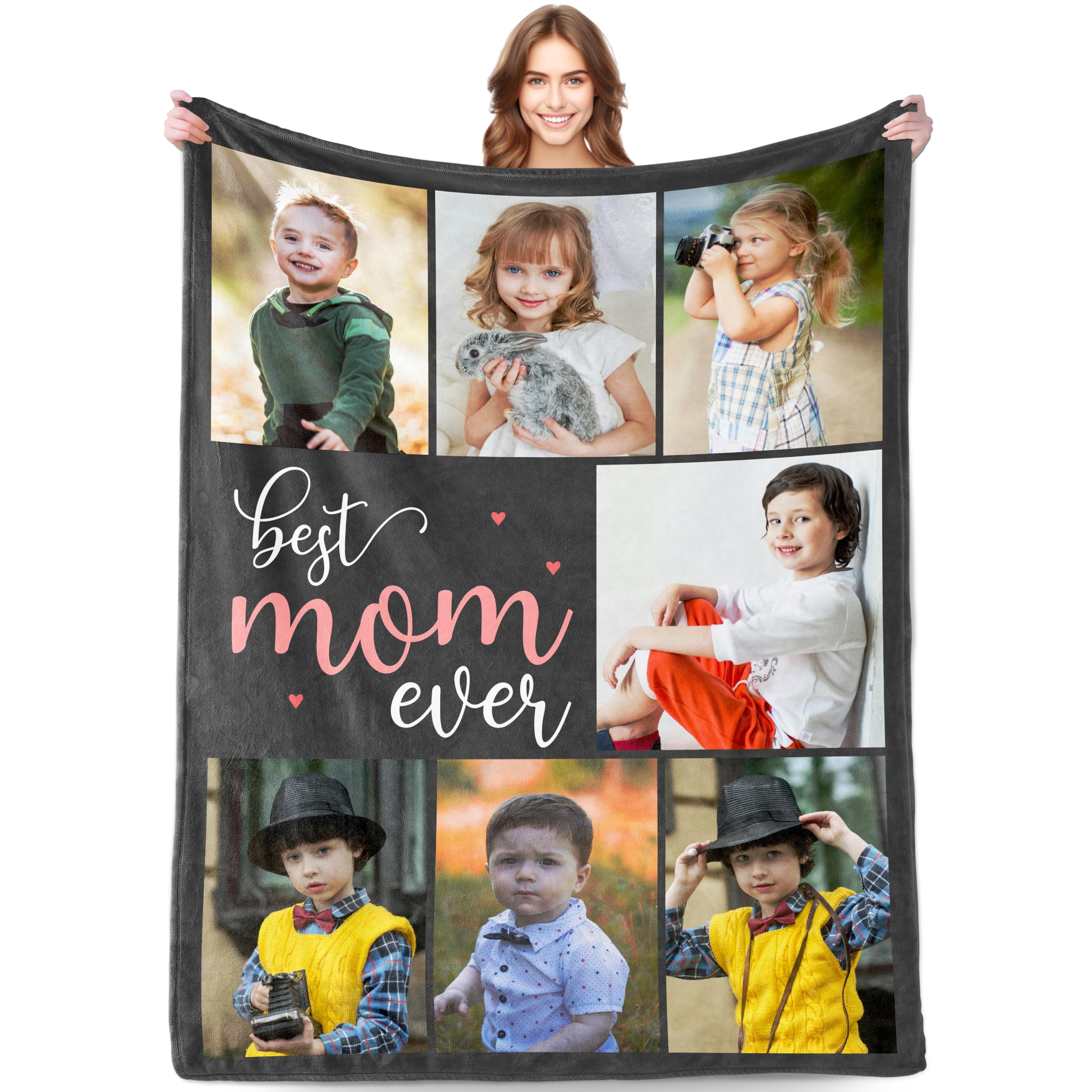 Personalized for Mom, Custom Blanket with Photos Pictures Text, Best Mom Ever Gifts from Daughter Son Kids, Customized Birthday Gifts for Mom Grandma Wife Women