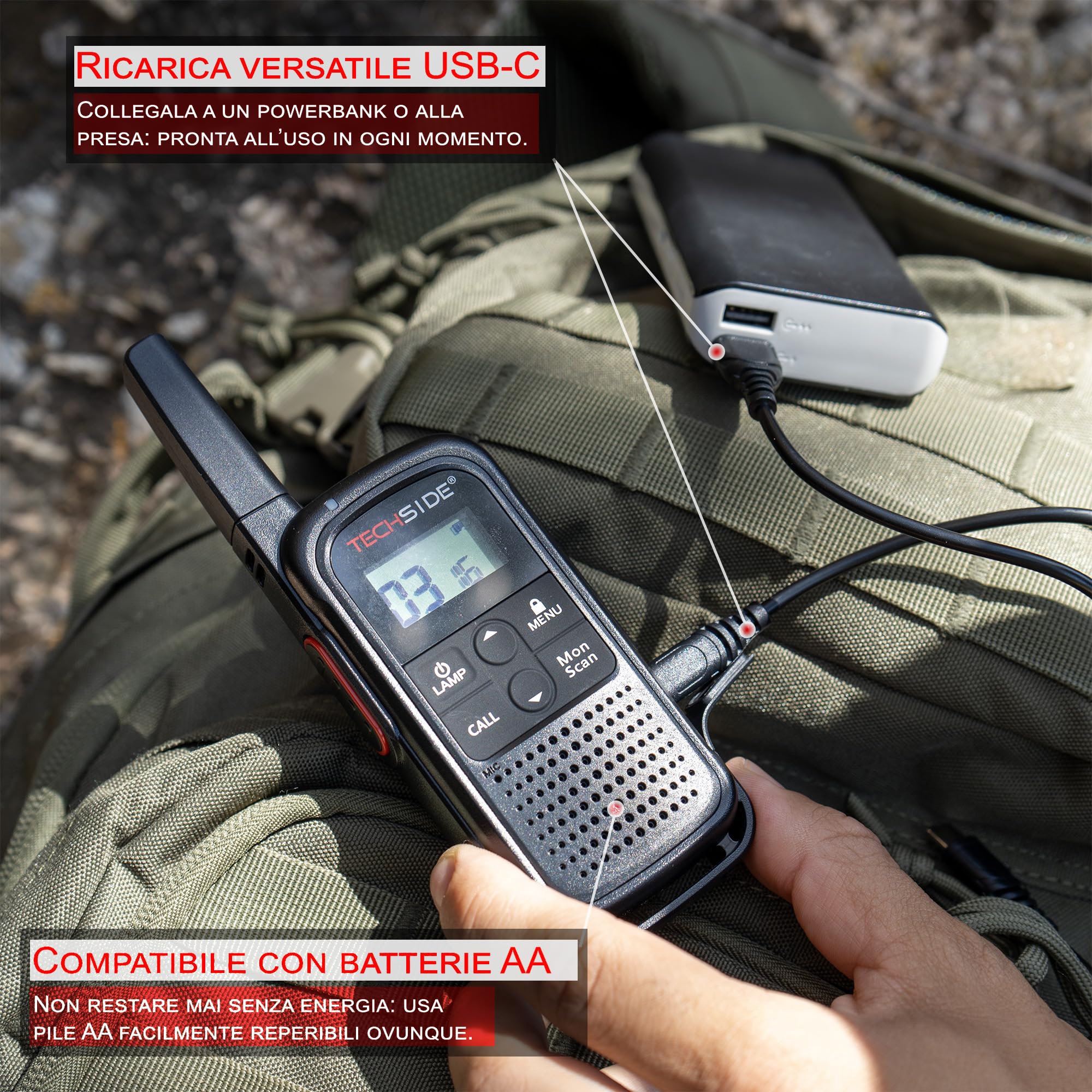 TechSide TS-T3 Go Ricetrasmittente PMR446 16 Canali 10 km USB-C Torcia LED 2 Pezzi