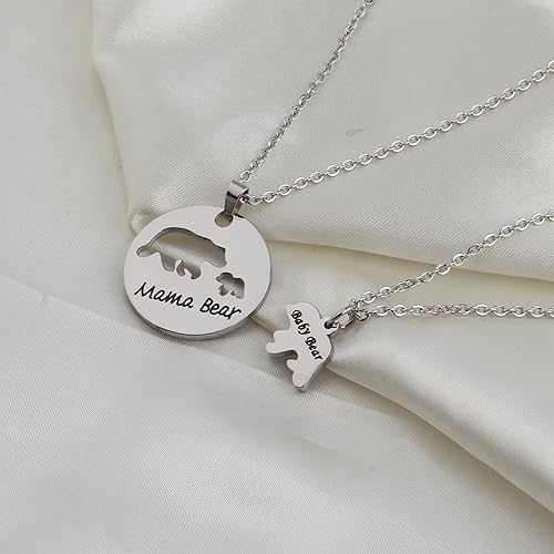 Vista 5 de Zuo Bao Juego de collar para mamá oso y oso bebé, collar para madre e hija (plata, 1 cachorro), Metal