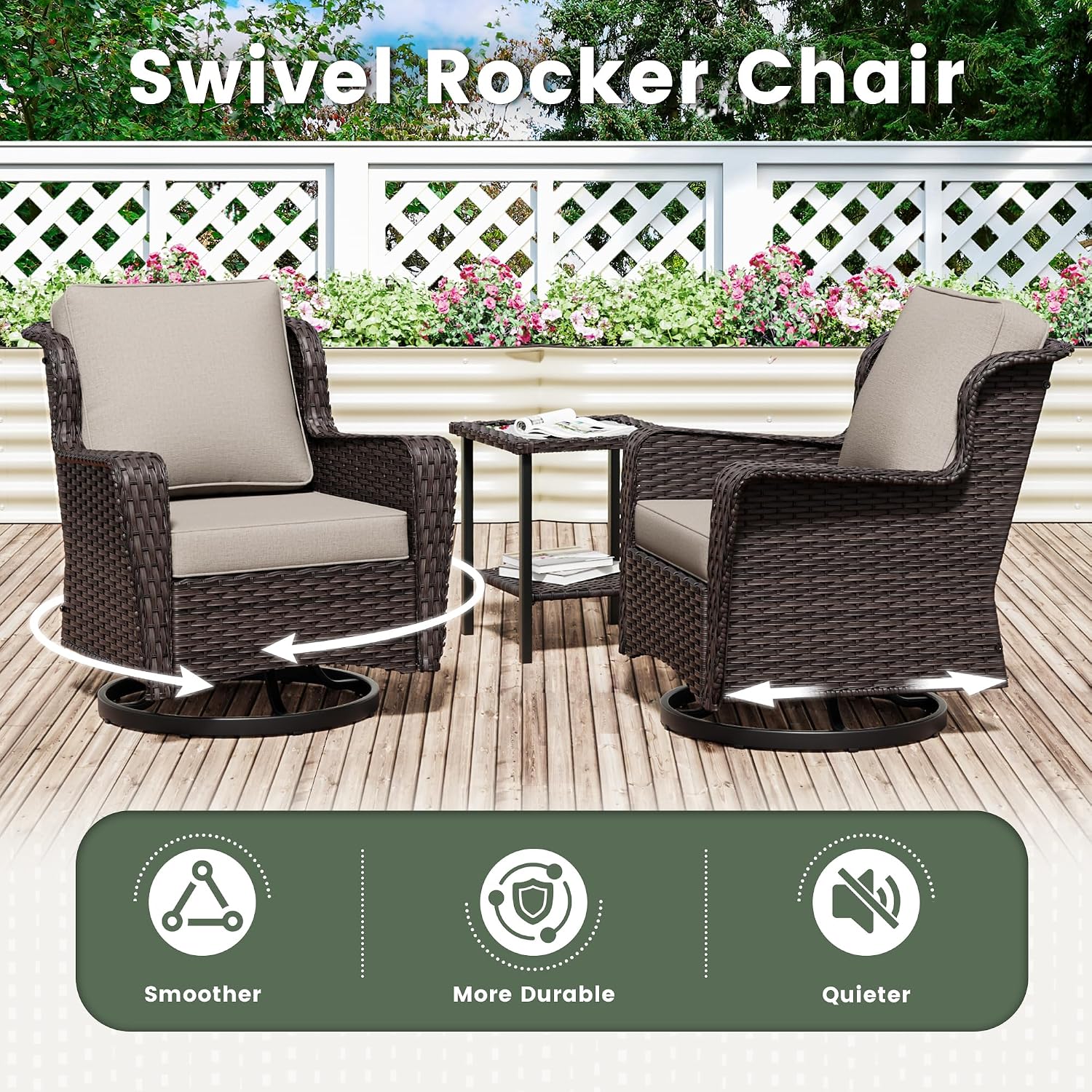 3 Pieces Swivel Patio Chairs Set, PE Wicker Outdoor Swivel Rocker Patio Chairs with Side Table for Porch,Balcony, Backyard, Deck