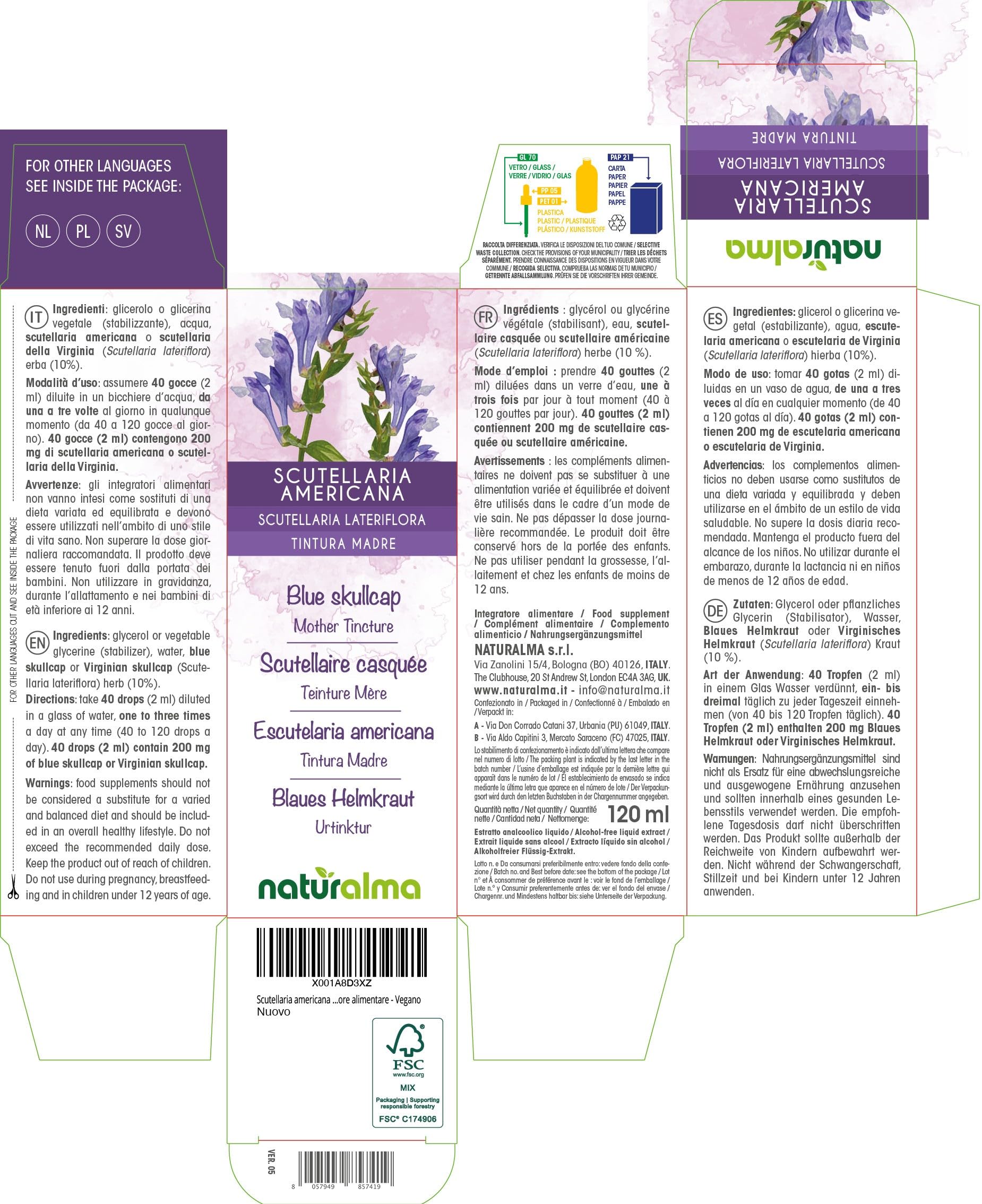 Scutellaria americana o scutellaria della Virginia (Scutellaria lateriflora) erba Tintura Madre analcoolica Naturalma - Estratto liquido gocce 120 ml - Integratore alimentare - Vegano