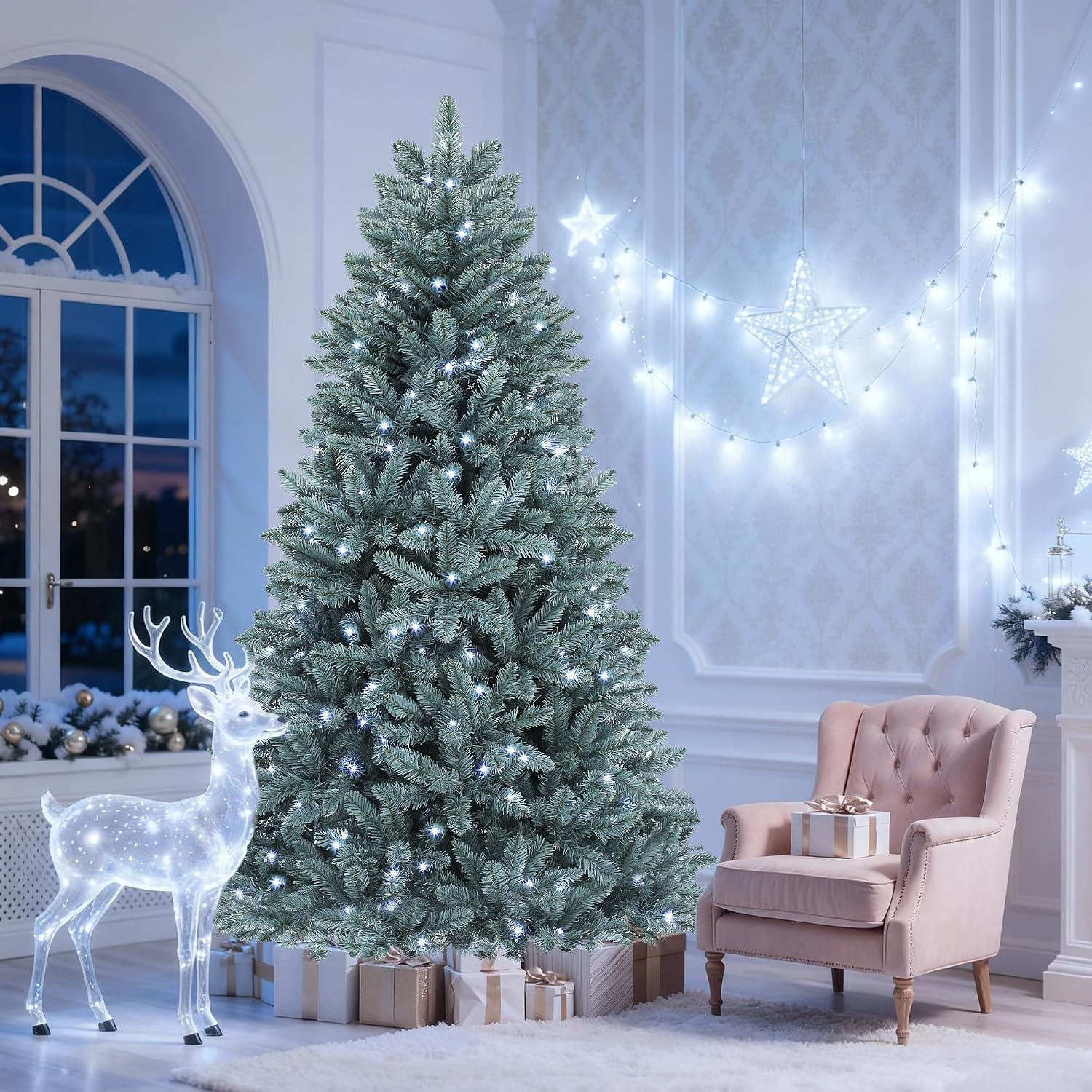 DWVO Prelit Christmas Tree 6ft, Colorado Blue Spruce Atificial Christmas Tree with 450 Cold LED Lights Includes Metal Stand, Green Full Xmas Trees with 880 Metal Hinged Branch Tips, for Home Party