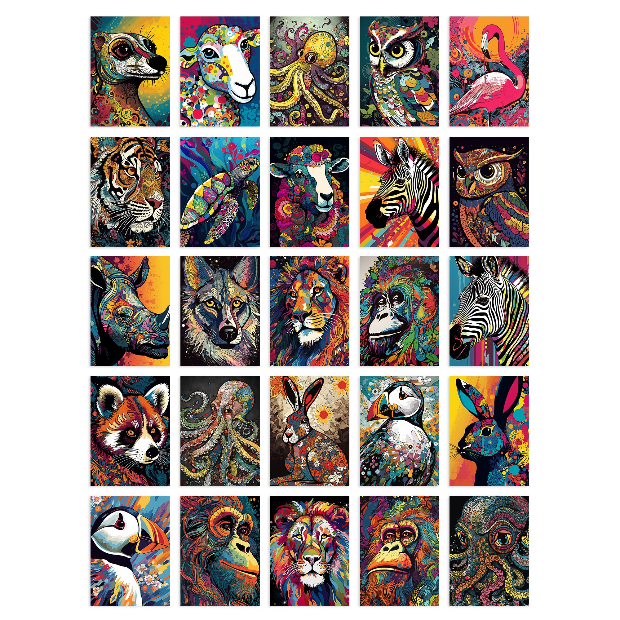 Artery8 Vibrant Colourful Wild Animals 50 Pcs Vibrant Colourful Wild Animal Aesthetic Fun Collage Kit Wall Art Prints A6 Set Pack 14.8 X 10.5 Cm (5.8 X 4.1) Bedroom Home Student Teen Room Decor Poster