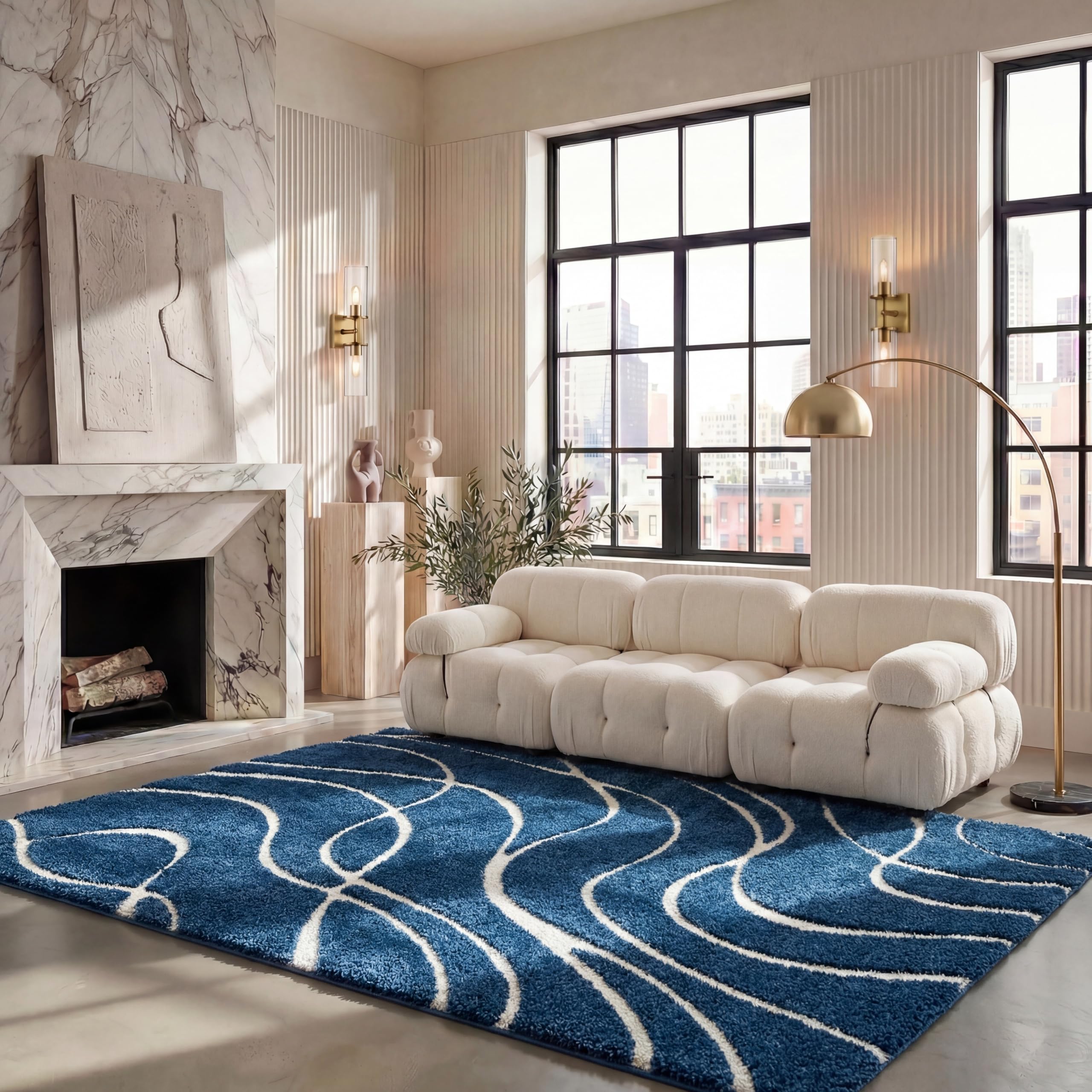 SAFAVIEH Florida Shag Area Rug 6x8, Modern Wave Navy & Ivory SG471-6512