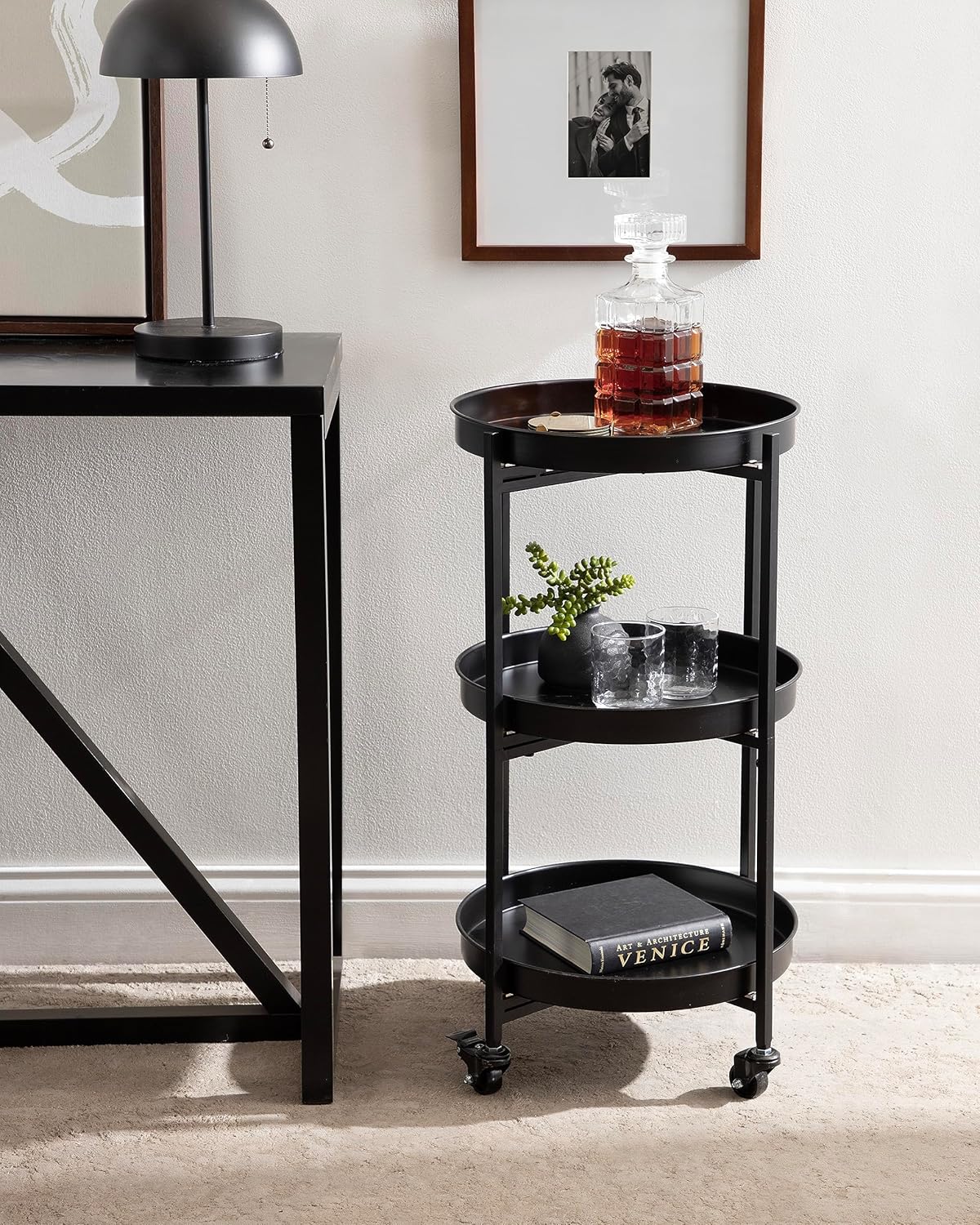 Kate and Laurel Celia Modern 3-Tier Bar Cart; 16 x 16 x 29; Black; Decorative Round Rolling Serving Cart with Lockable Wheels and Three Tiers of Storage and Display Space