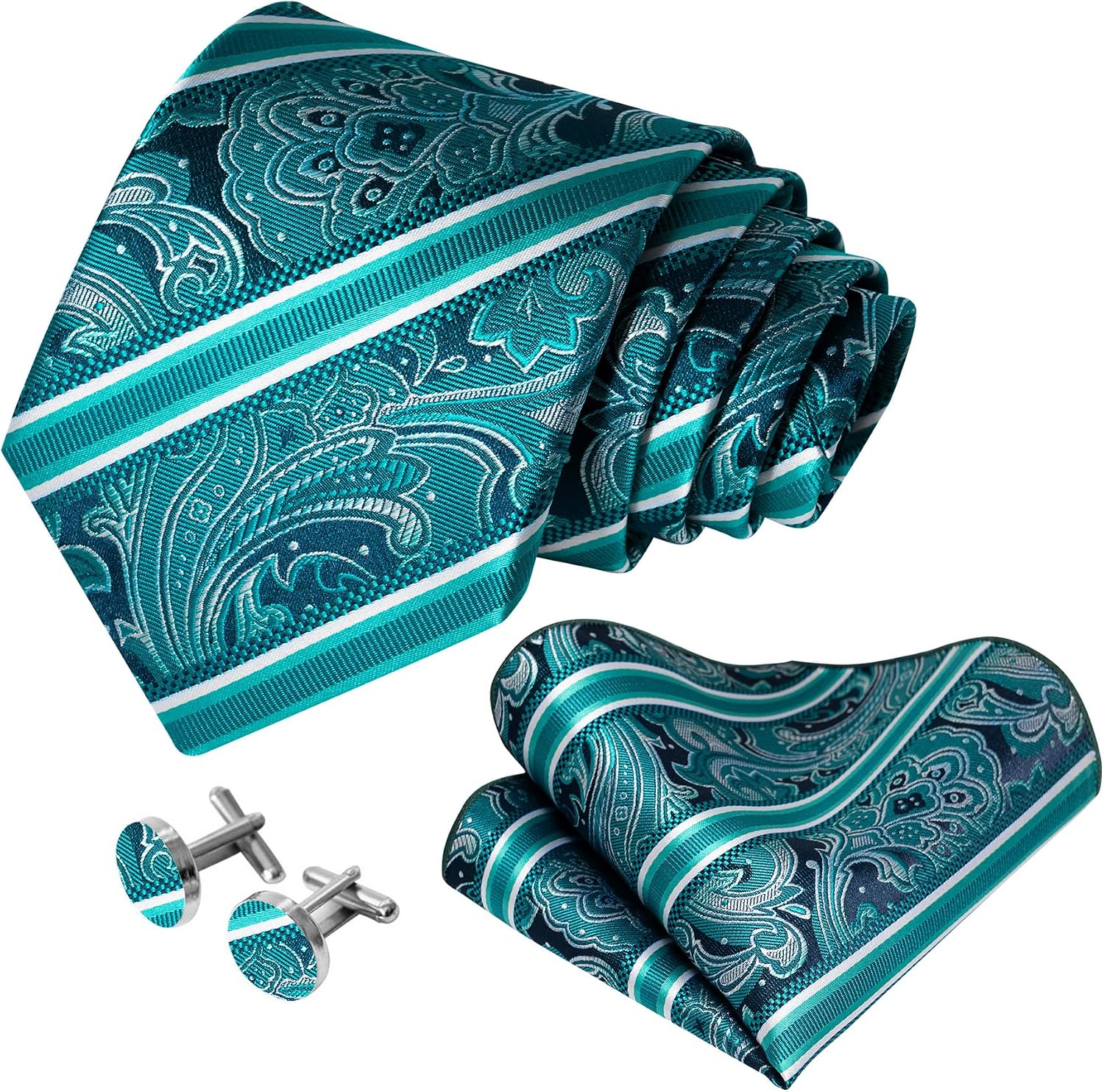 5PCS Mens Silk Designer Tie, Pocket Square, Cufflinks, Drilled Tie Ring and Lapel Pin Set for Wedding Groom Party