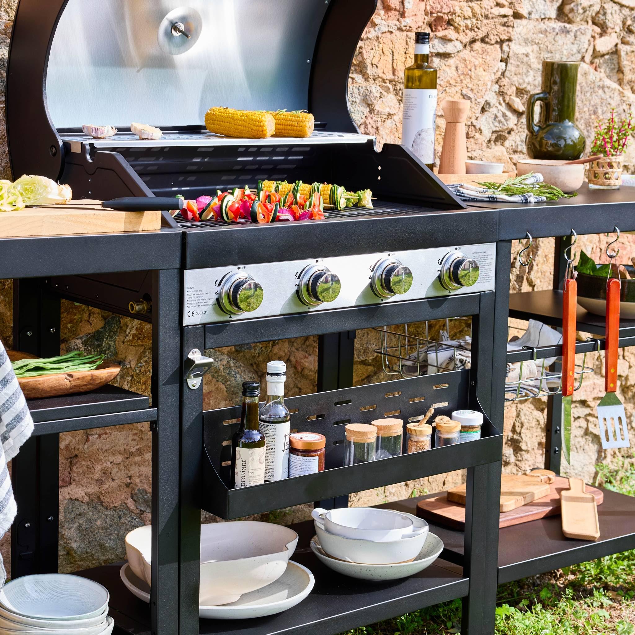 sweeek - Barbecue 4 brûleurs. cuisine d'extérieure DANGLARS. Acier noir. L 223.5 x P 60.5 x H 142 cm