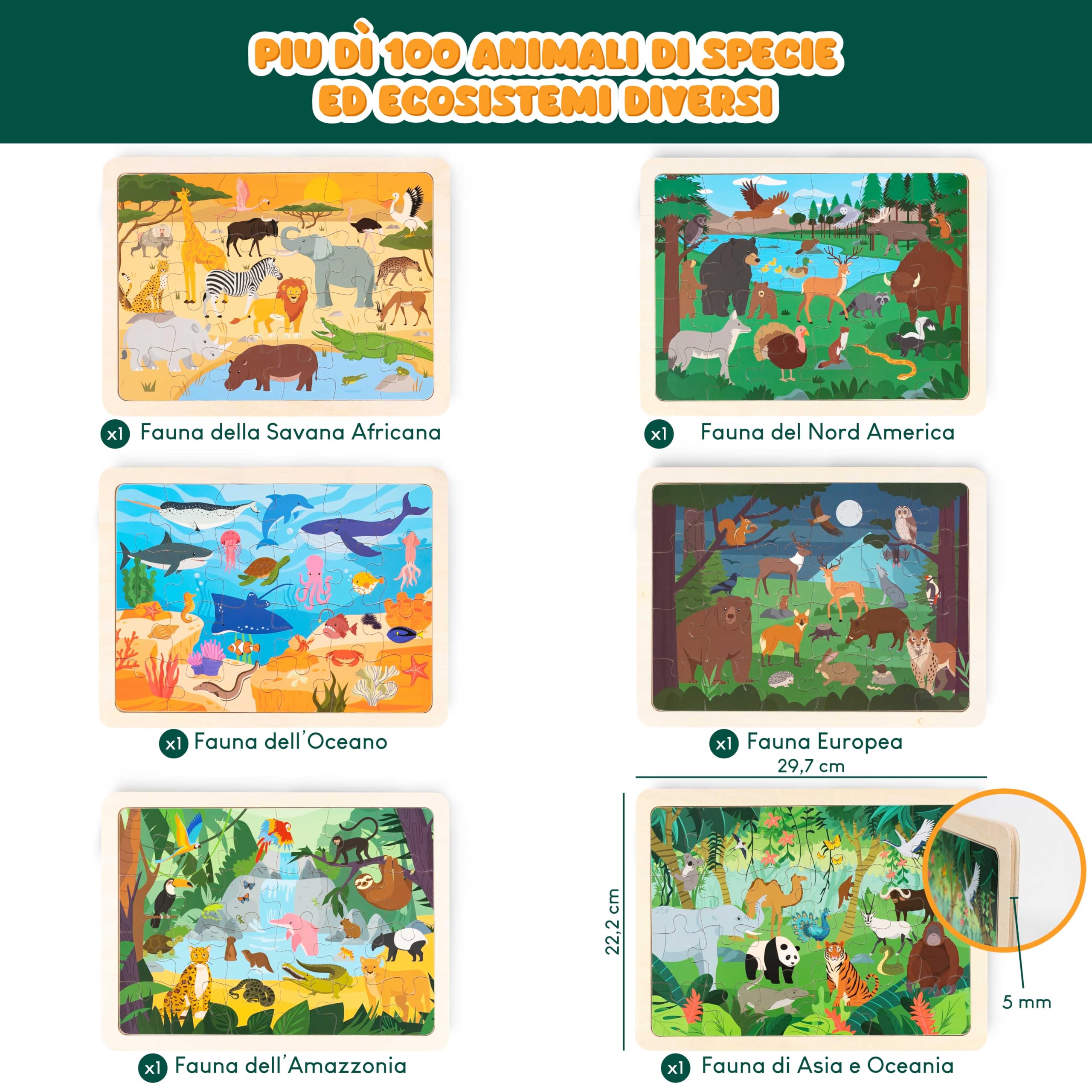 BONNYCO Puzzle Legno Bambini 6 Sets 24 Pcs Animali Ecosistemi Giochi Educativi Regalo Bambino Bambina Natale