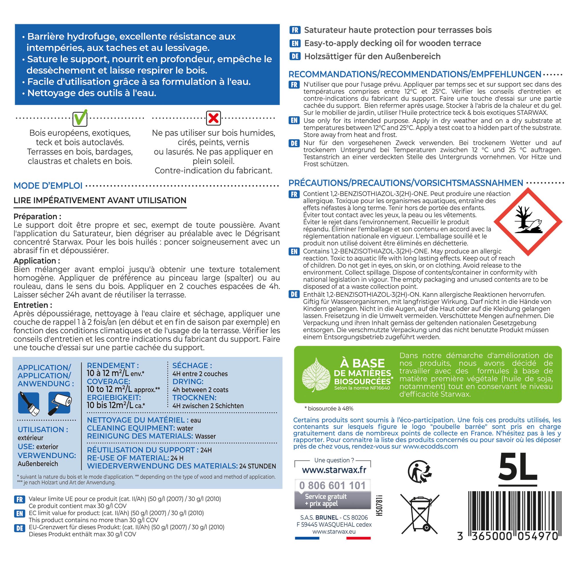 STARWAX - Saturador de Alta protección para terrazas, Madera 5L Teca | Protege y nutre madera exótica en profundidad, rica en aceite de tung, resistencia a la intemperie, rendimiento 10 a 12 m²/L