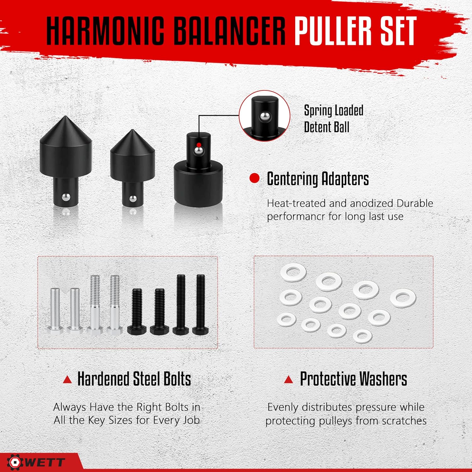 WETT Harmonic Balancer Puller Set, 47Pcs Power Steering Wheel Pulley Puller Installer Tool, Automotive Flange Type Gear and Crank Puller Set, Harmonic Balancers, Crankshaft Pulleys, Gears